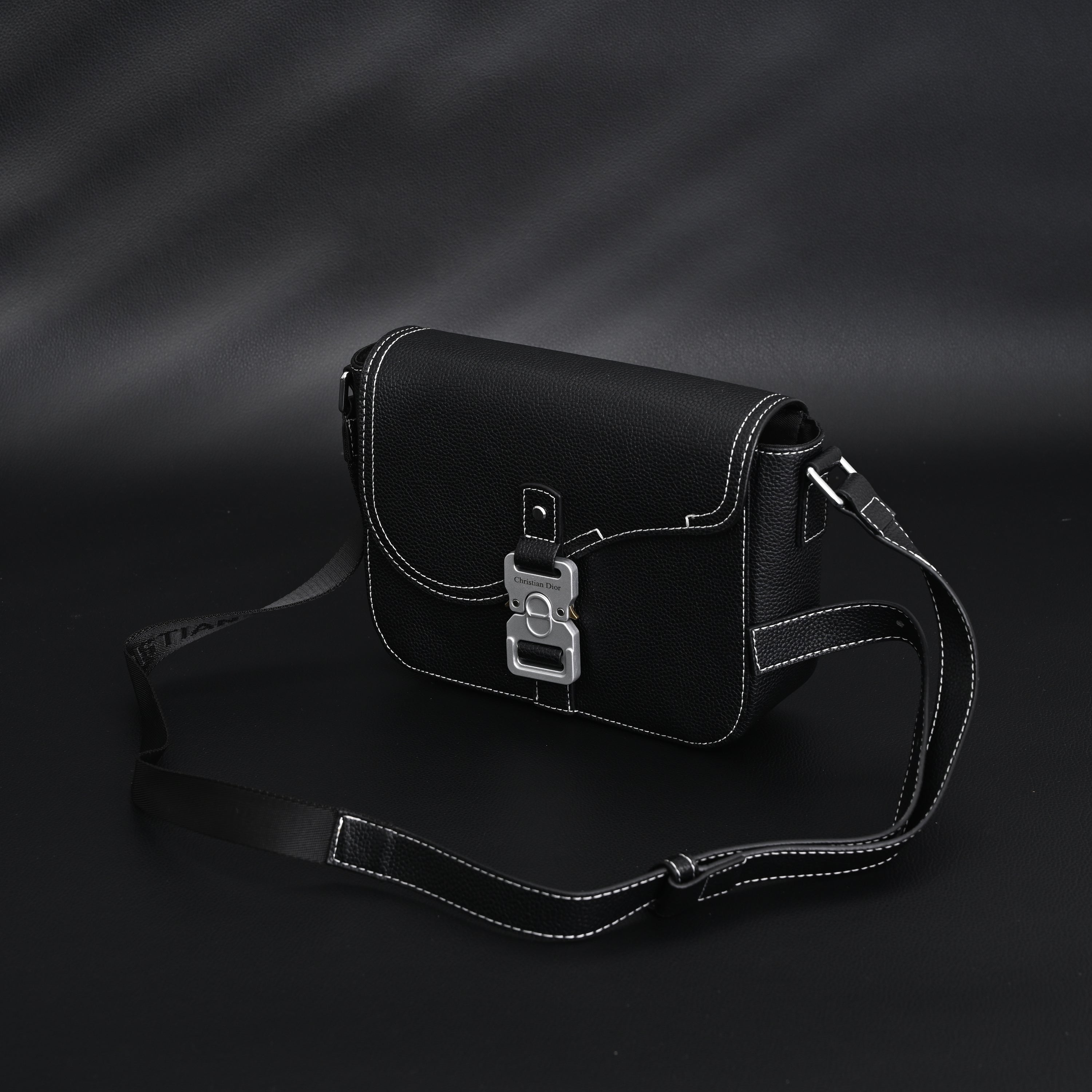 Saddle Crossbody Bag  Black Grained Calfskin with Silver-Tone Hardware