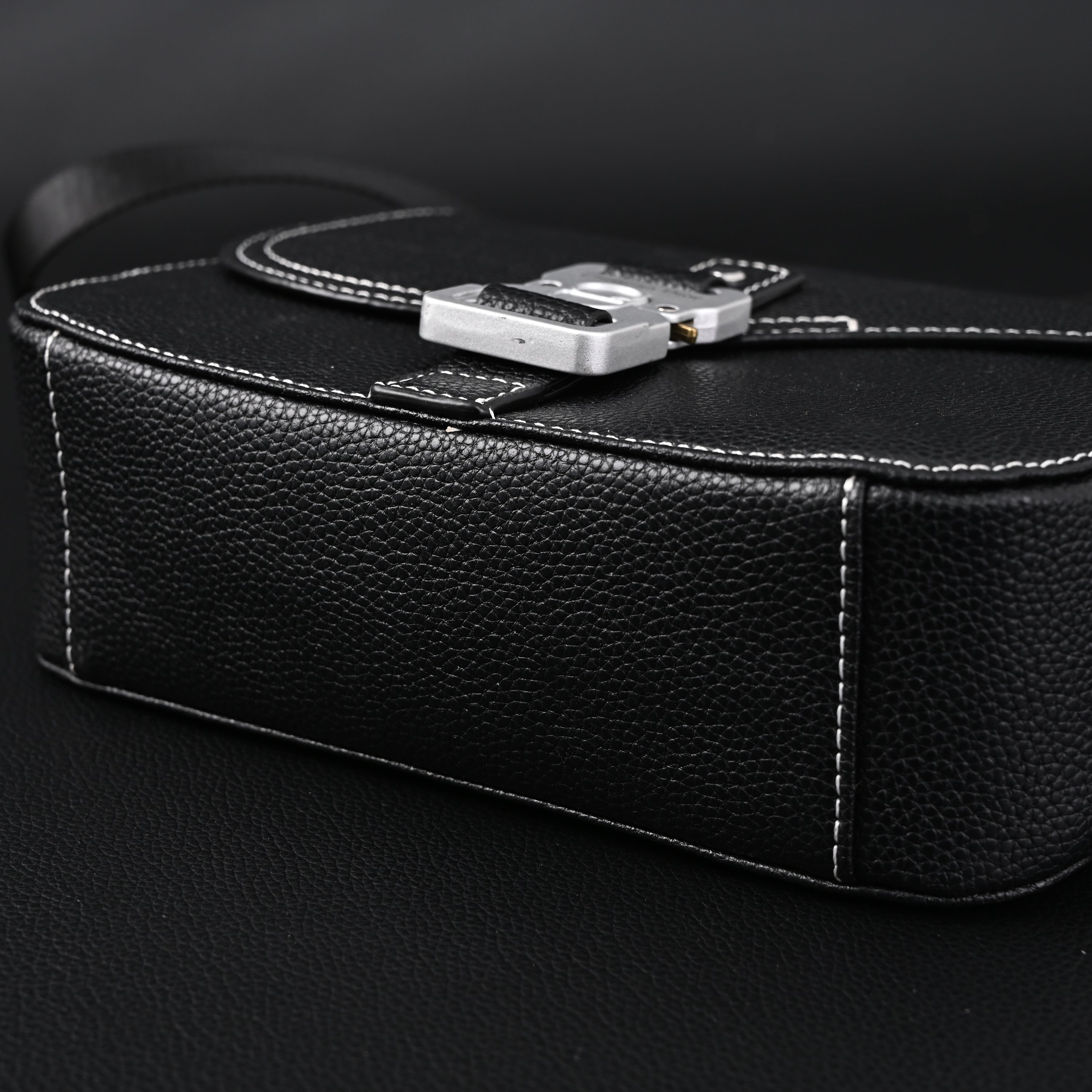 Saddle Crossbody Bag  Black Grained Calfskin with Silver-Tone Hardware