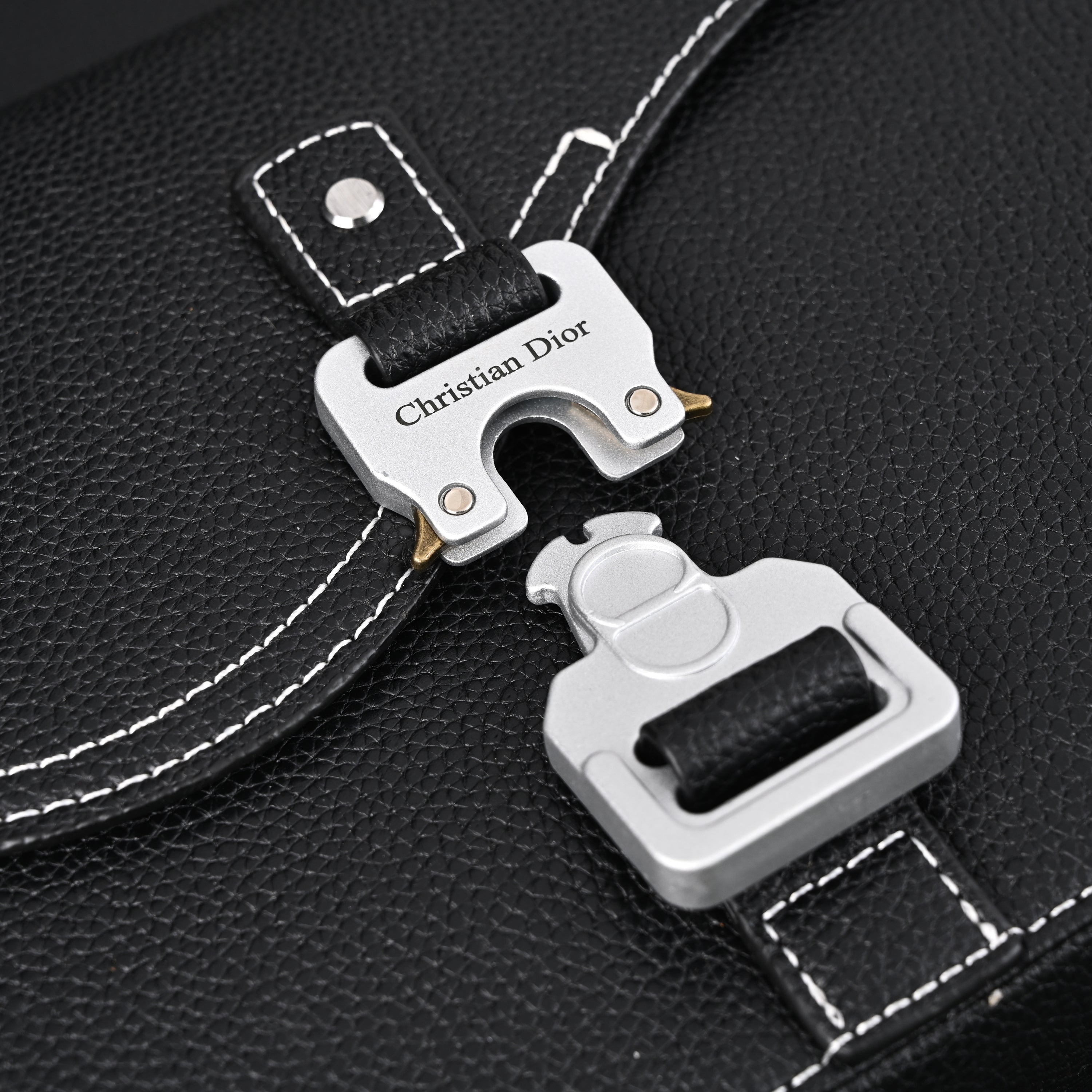 Saddle Crossbody Bag  Black Grained Calfskin with Silver-Tone Hardware
