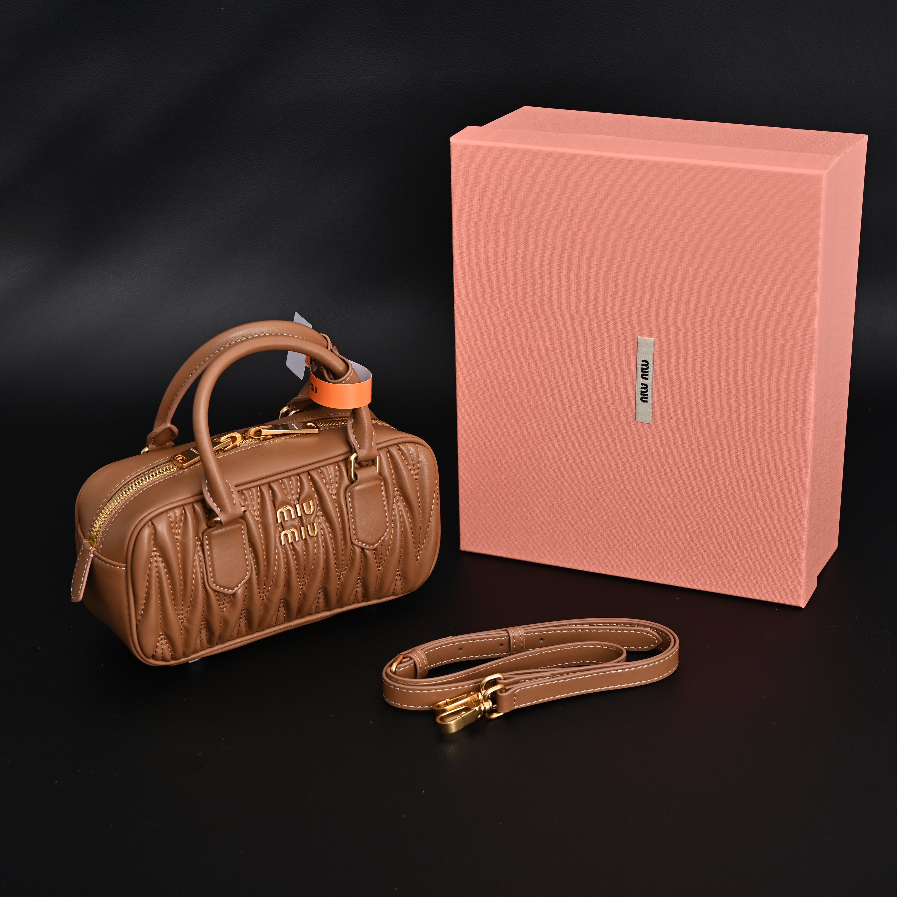 Miu Miu Matelass Leather Top Handle Bag  Caramel Brown
