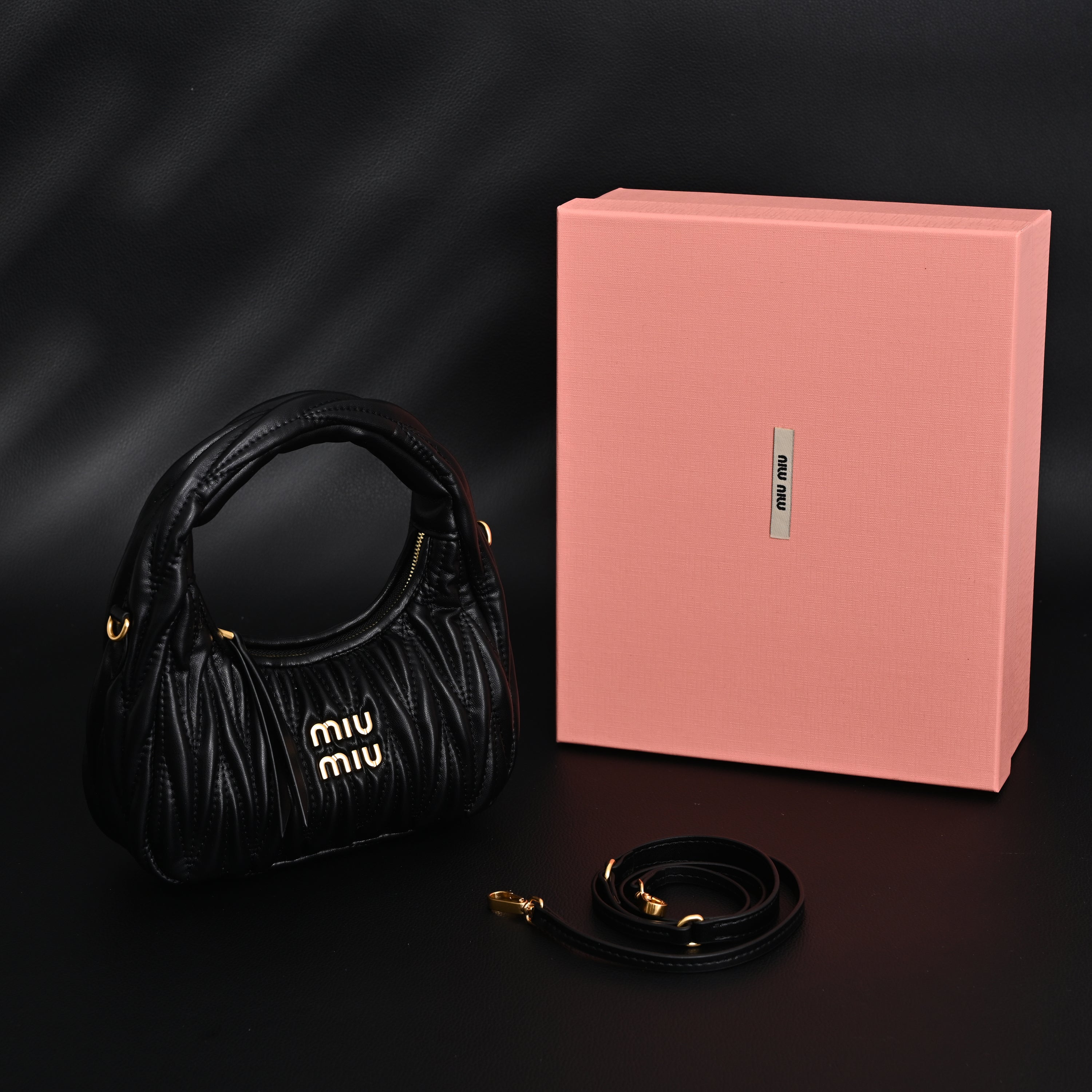 Miu Miu Matelass Leather Hobo Bag  Black with Gold Hardware