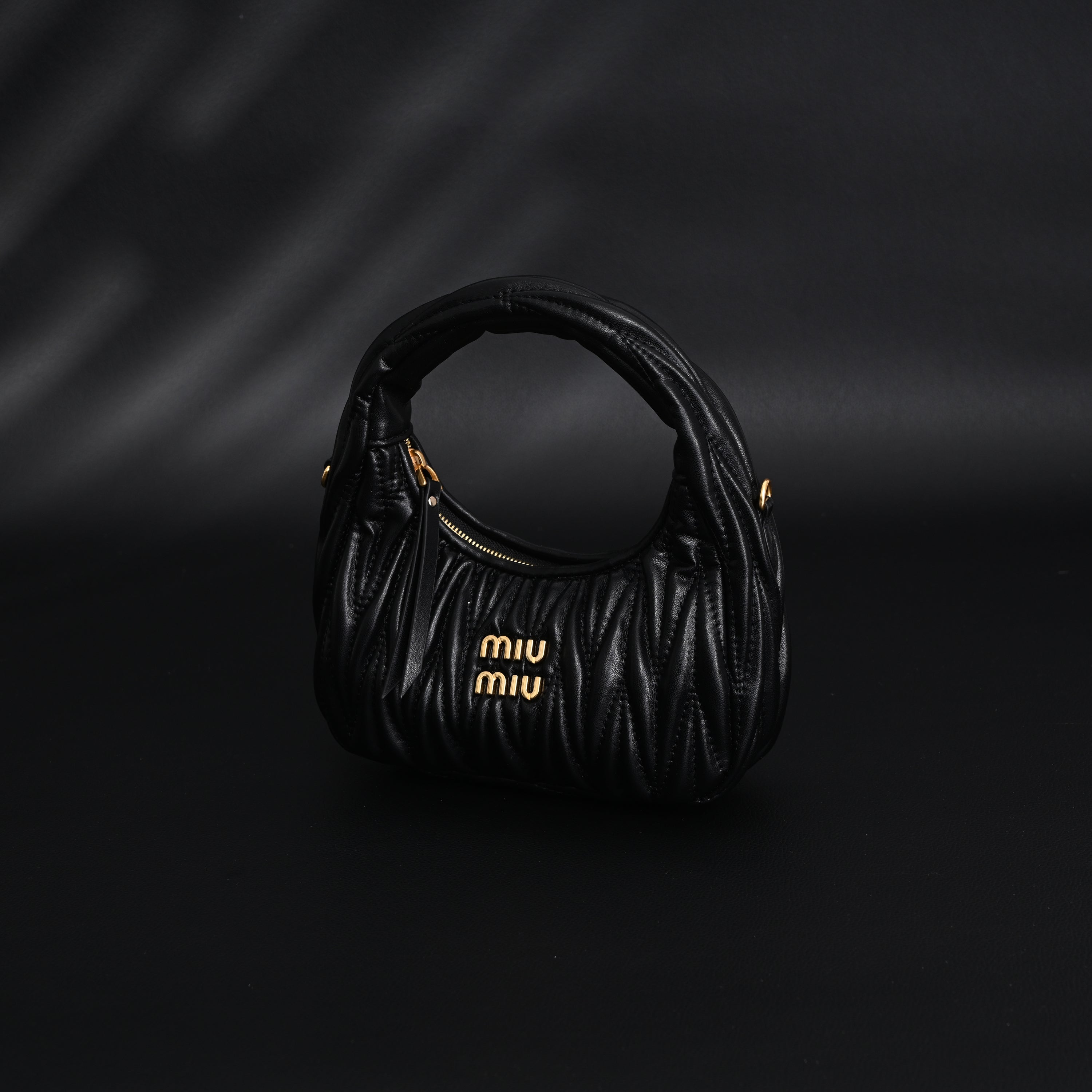 Miu Miu Matelass Leather Hobo Bag  Black with Gold Hardware