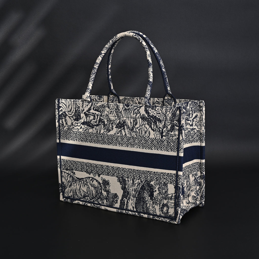 Book Tote Bag  Blue Toile de Jouy Embroidery