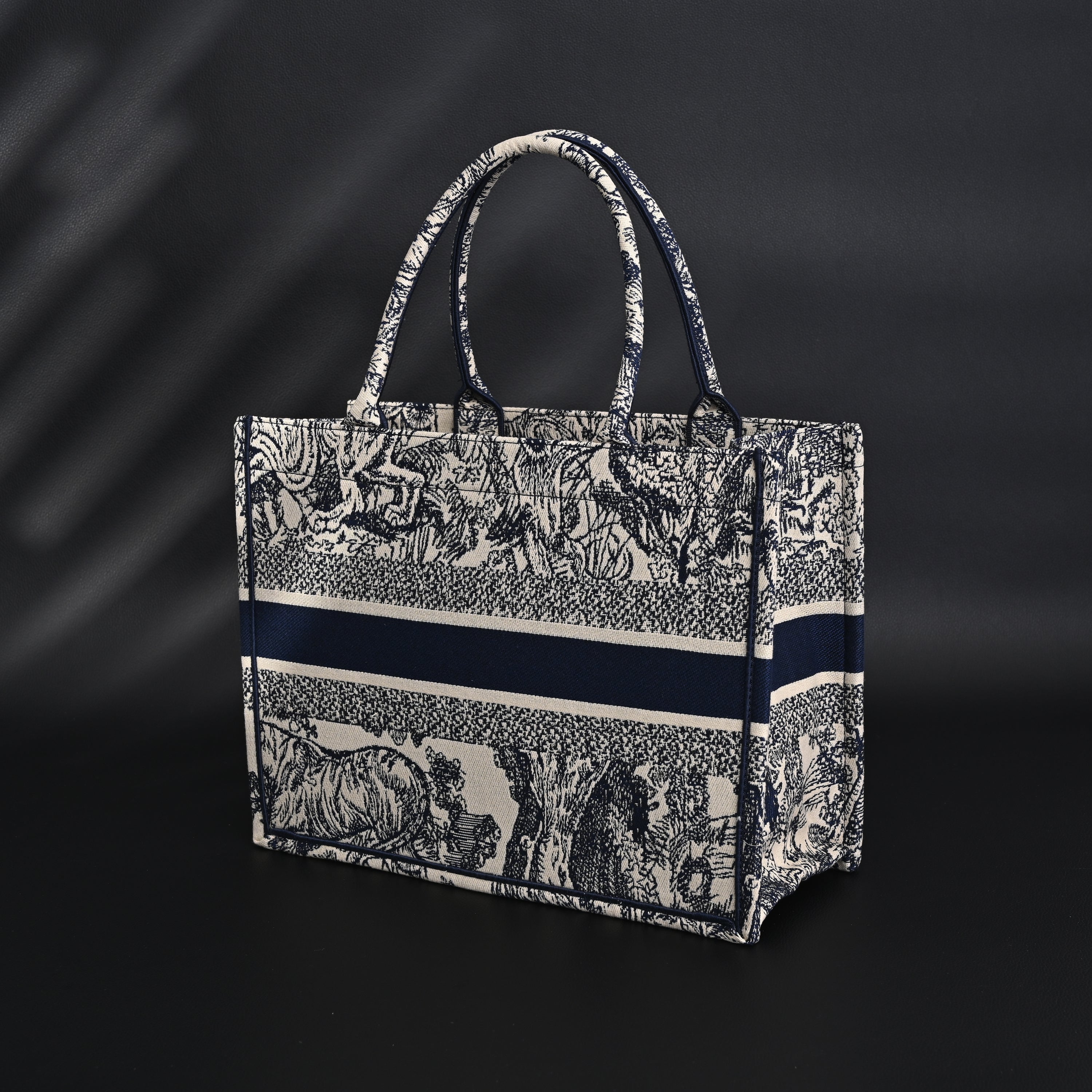 Book Tote Bag  Blue Toile de Jouy Embroidery