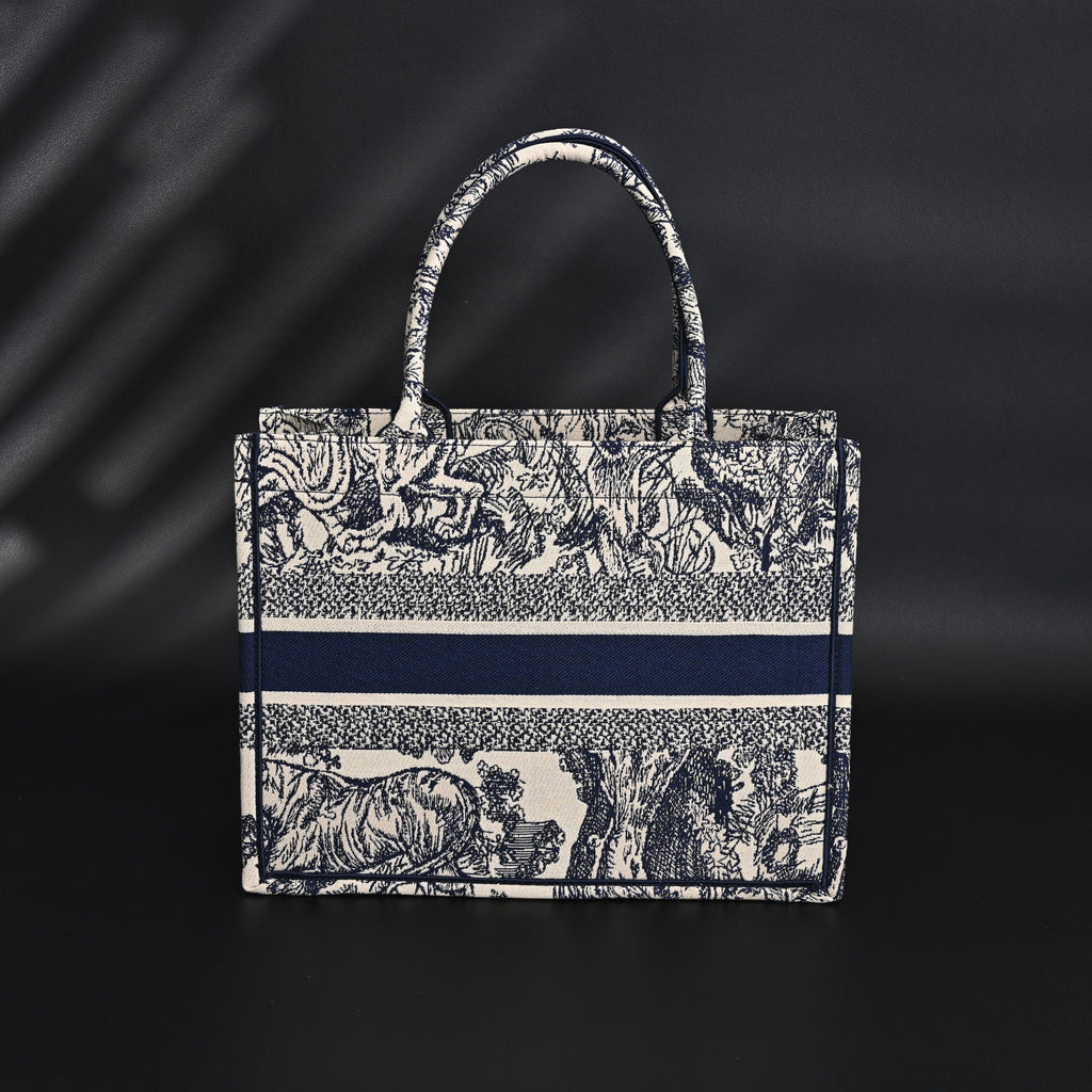 Book Tote Bag  Blue Toile de Jouy Embroidery
