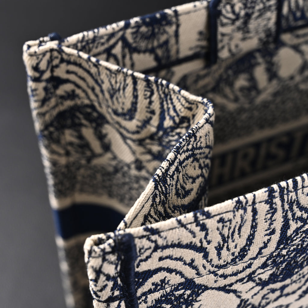 Book Tote Bag  Blue Toile de Jouy Embroidery