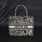 Book Tote Bag  Black Toile de Jouy Embroidery