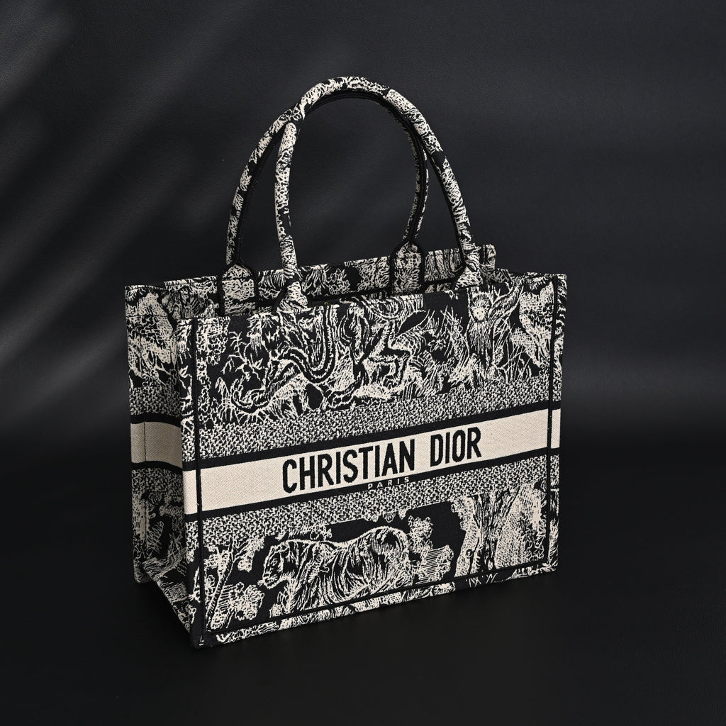 Book Tote Bag  Black Toile de Jouy Embroidery