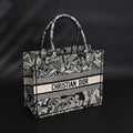 Book Tote Bag  Black Toile de Jouy Embroidery