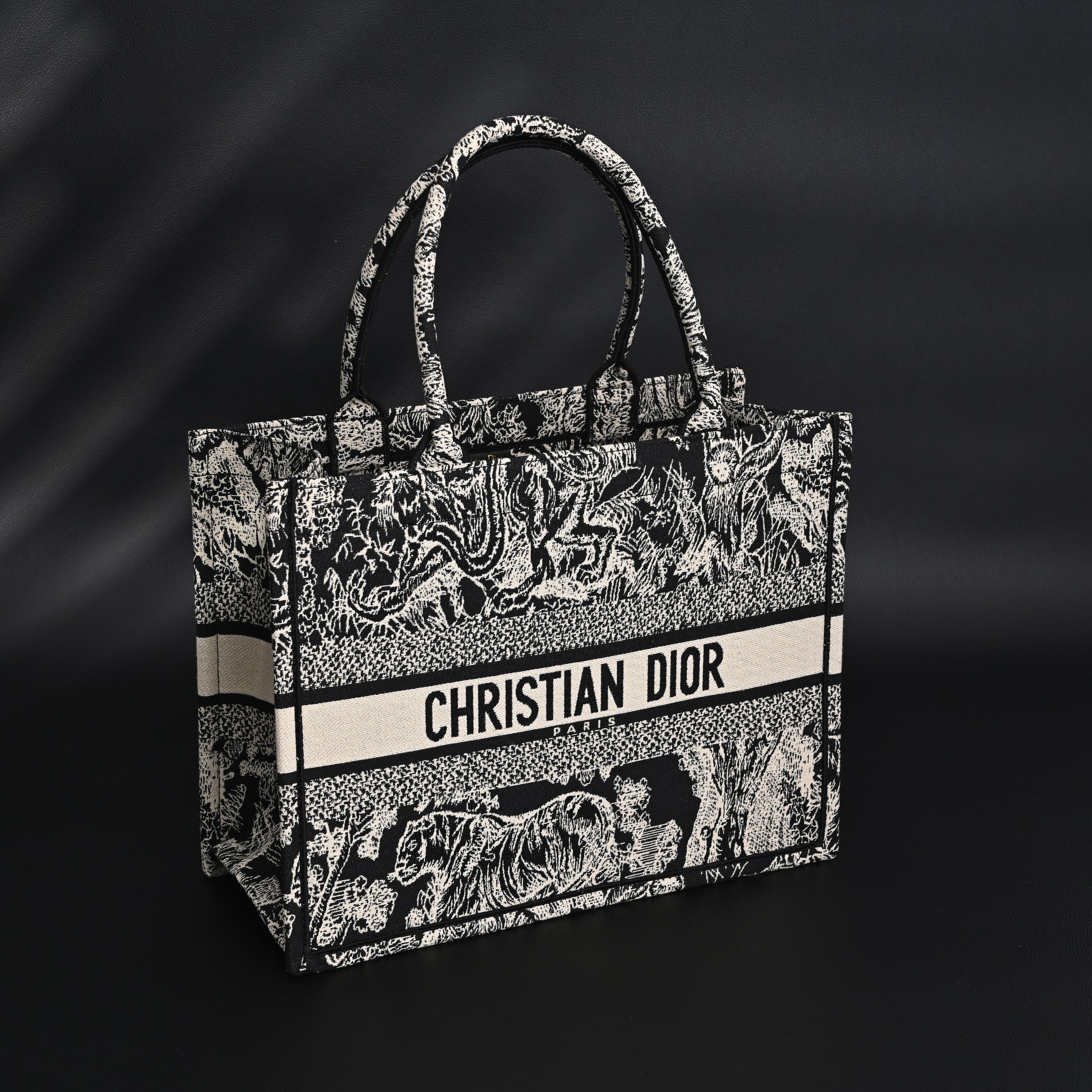 Book Tote Bag  Black Toile de Jouy Embroidery