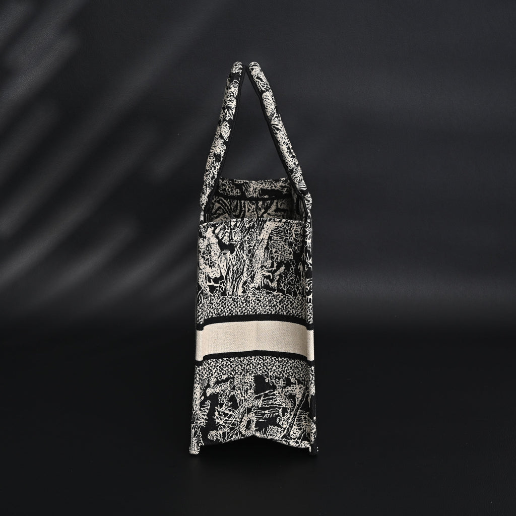 Book Tote Bag  Black Toile de Jouy Embroidery