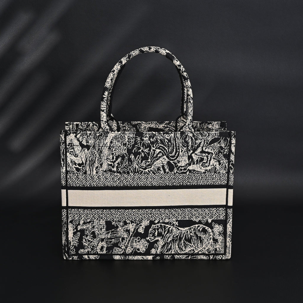 Book Tote Bag  Black Toile de Jouy Embroidery