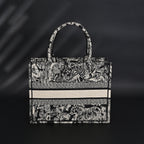 Book Tote Bag  Black Toile de Jouy Embroidery