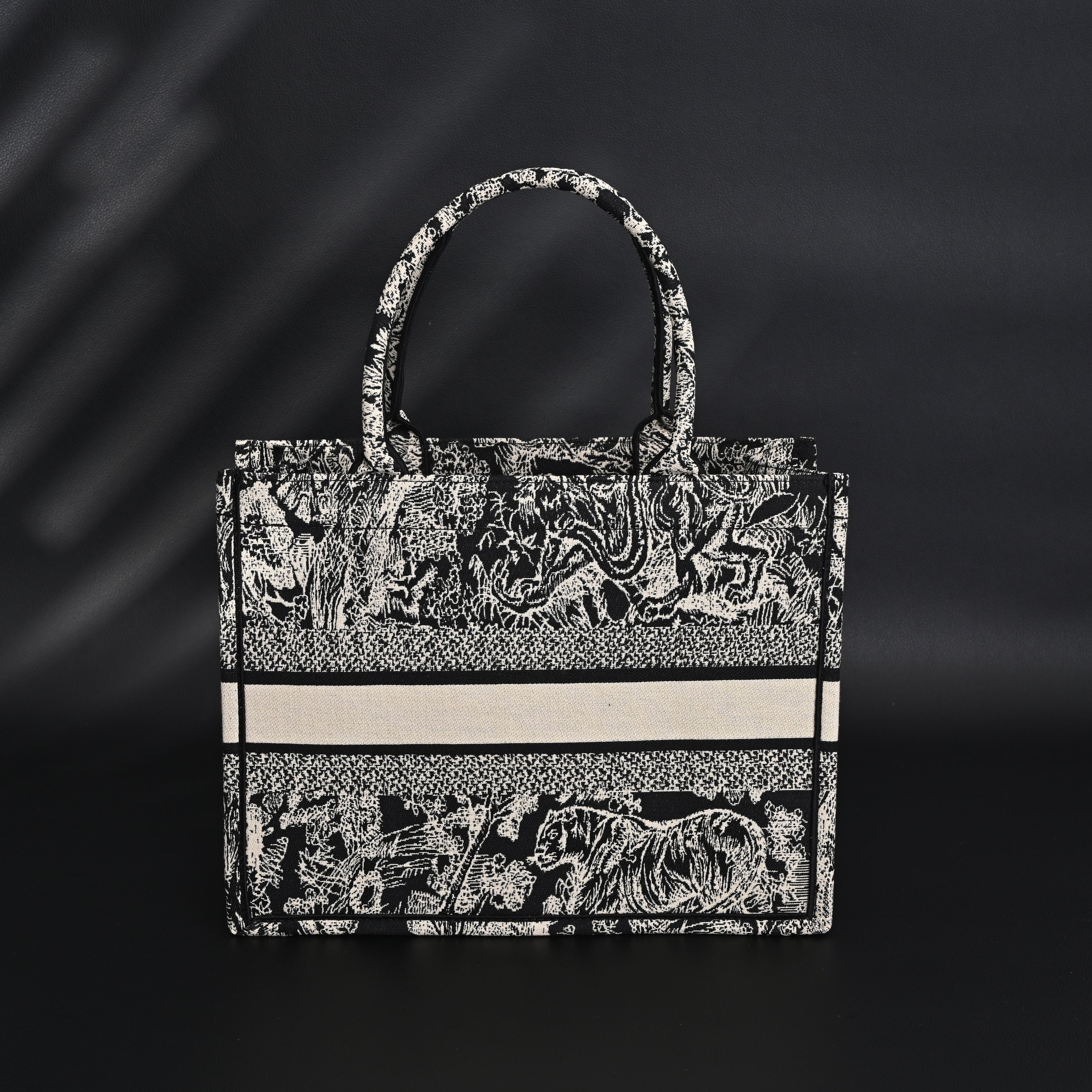 Book Tote Bag  Black Toile de Jouy Embroidery