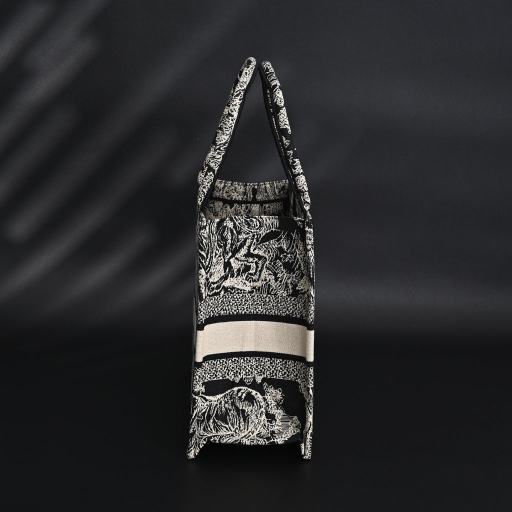 Book Tote Bag  Black Toile de Jouy Embroidery