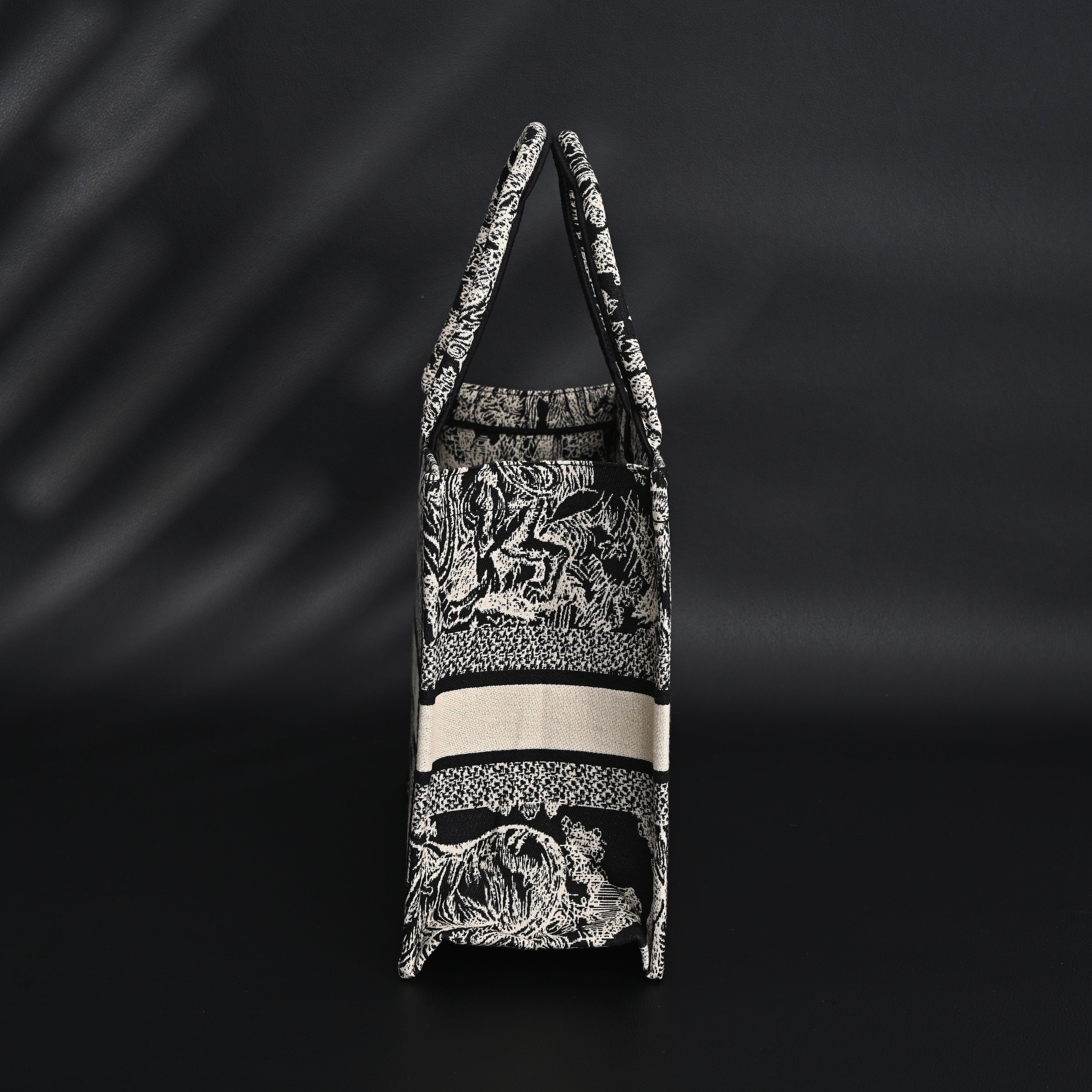 Book Tote Bag  Black Toile de Jouy Embroidery