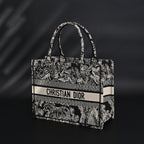 Book Tote Bag  Black Toile de Jouy Embroidery