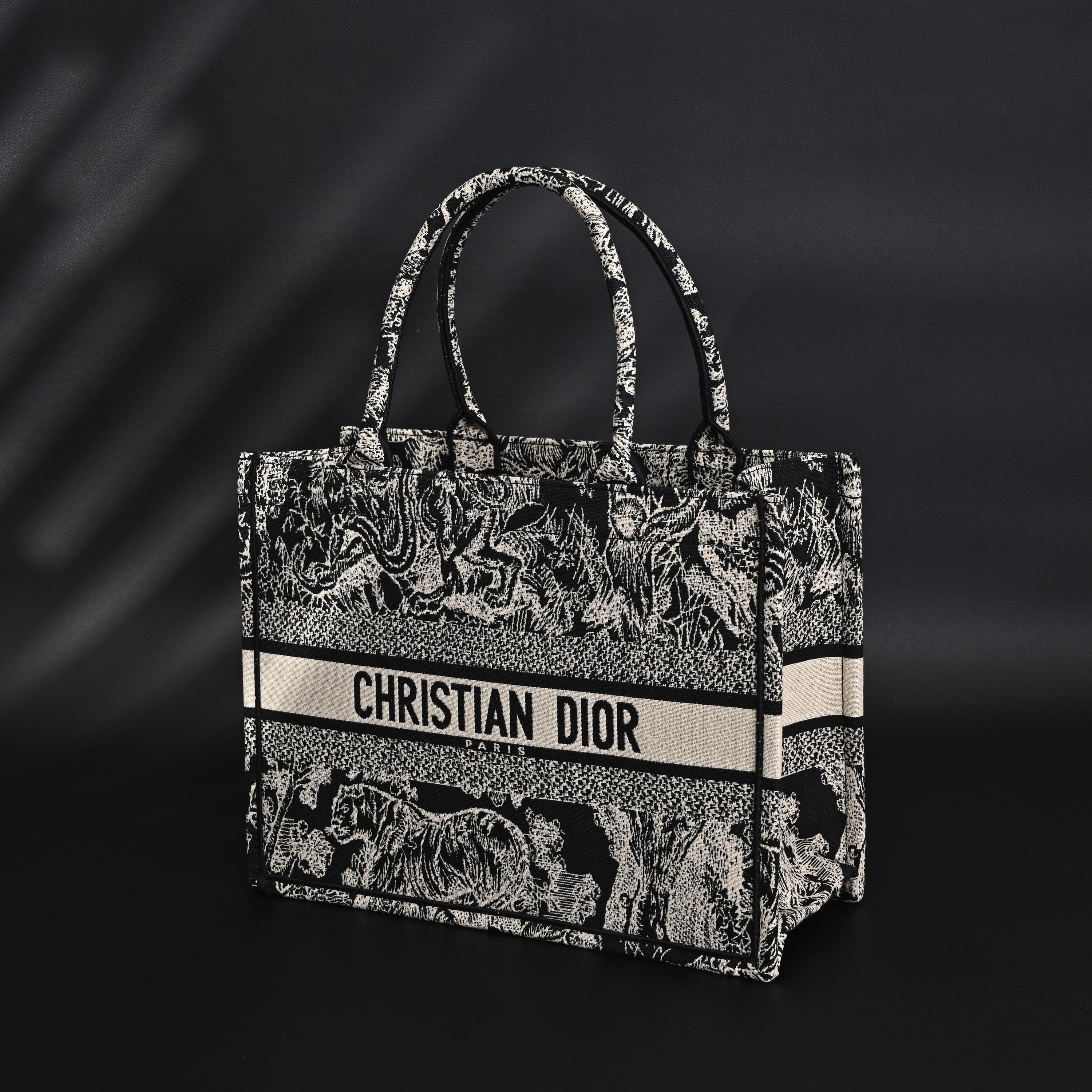 Book Tote Bag  Black Toile de Jouy Embroidery