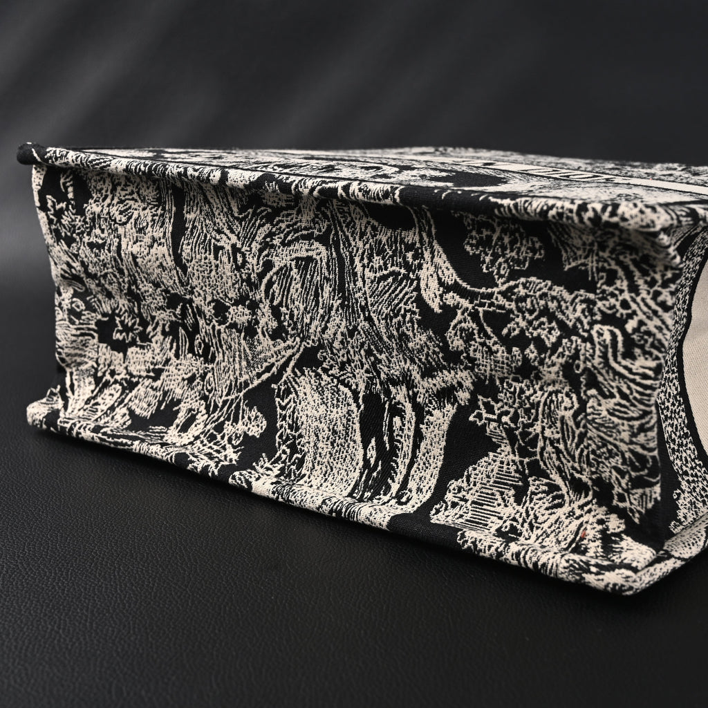 Book Tote Bag  Black Toile de Jouy Embroidery