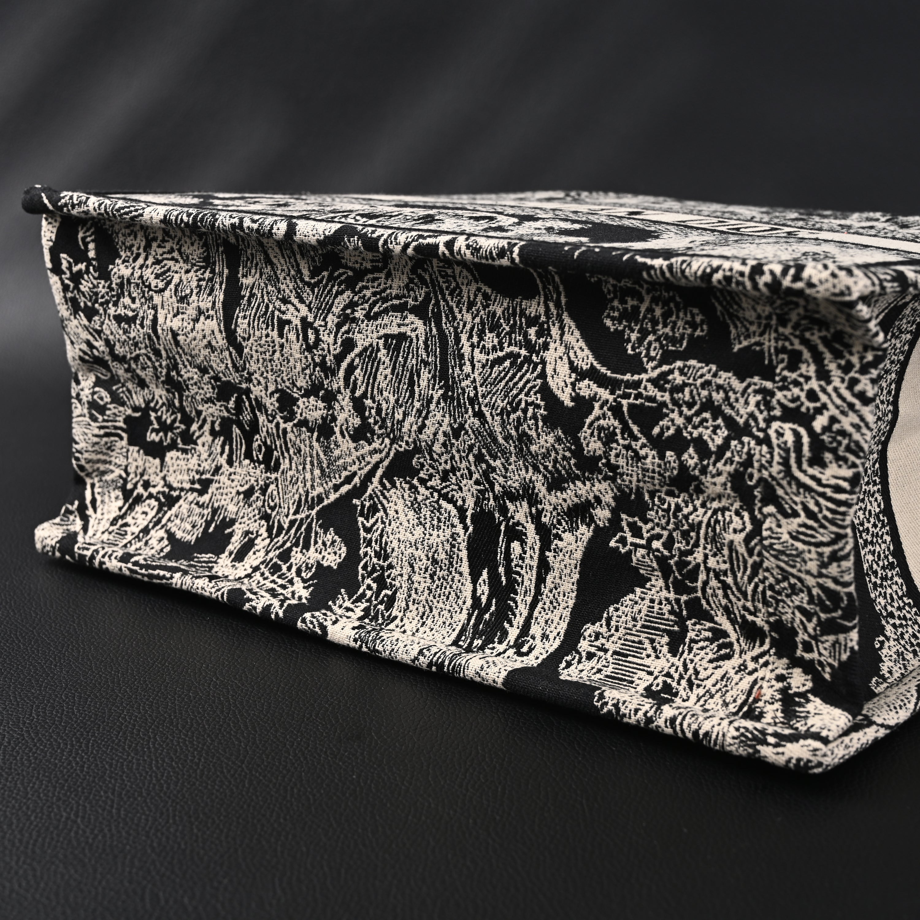 Book Tote Bag  Black Toile de Jouy Embroidery