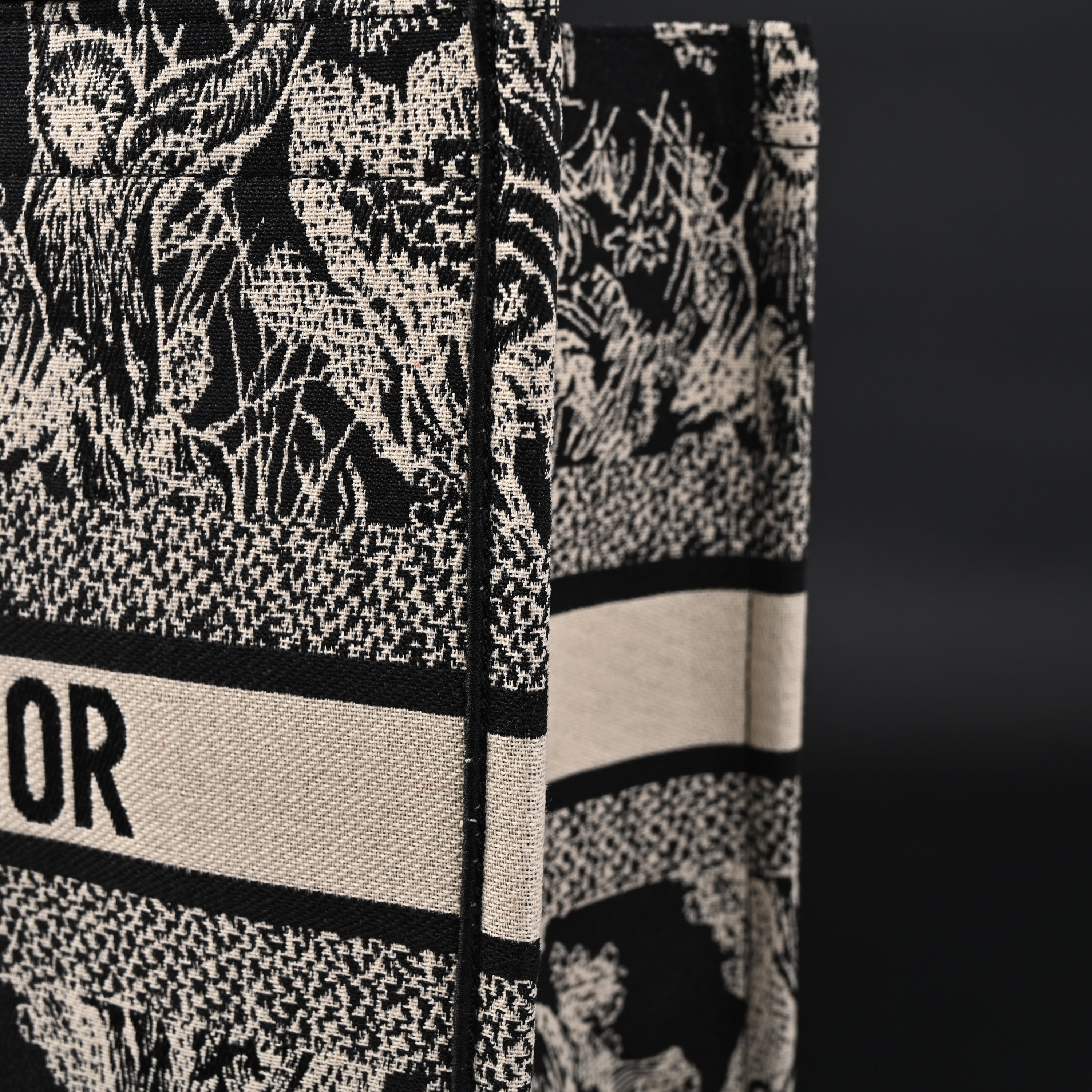 Book Tote Bag  Black Toile de Jouy Embroidery