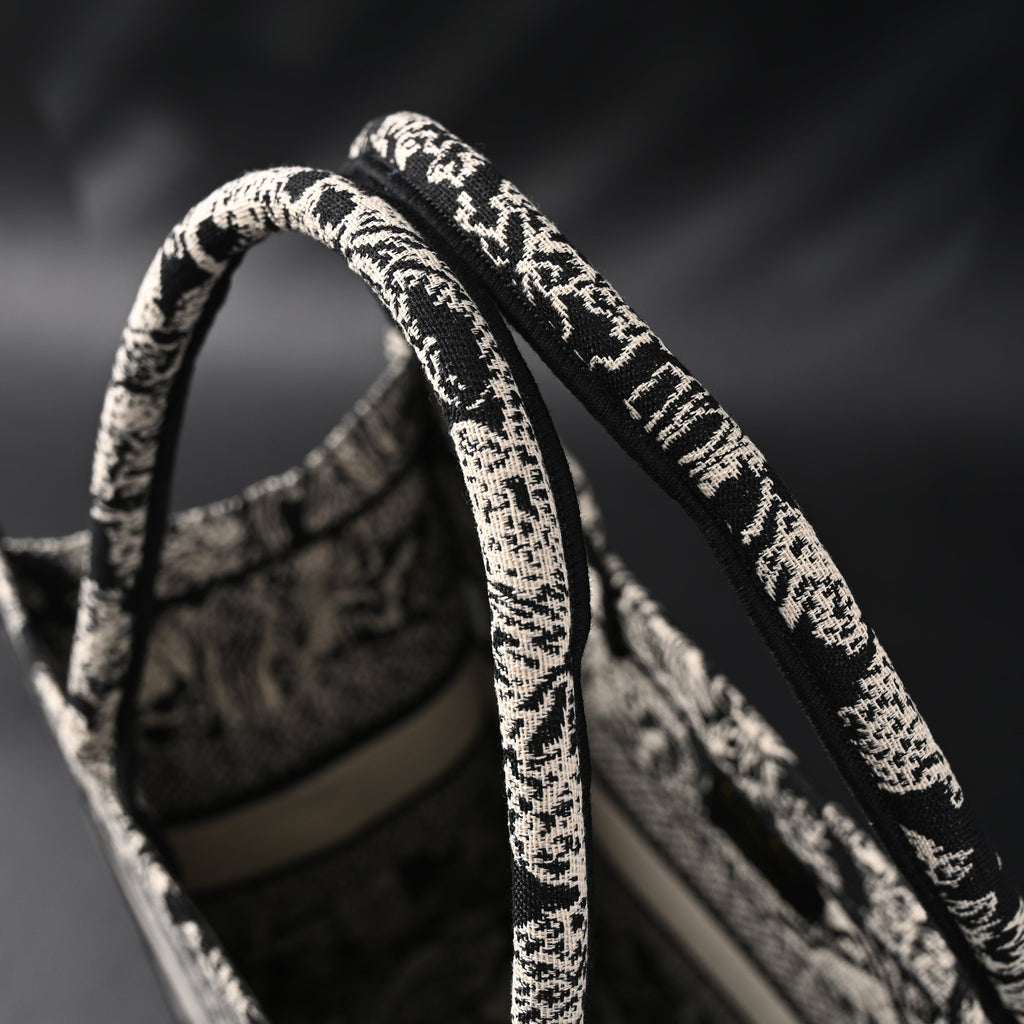 Book Tote Bag  Black Toile de Jouy Embroidery