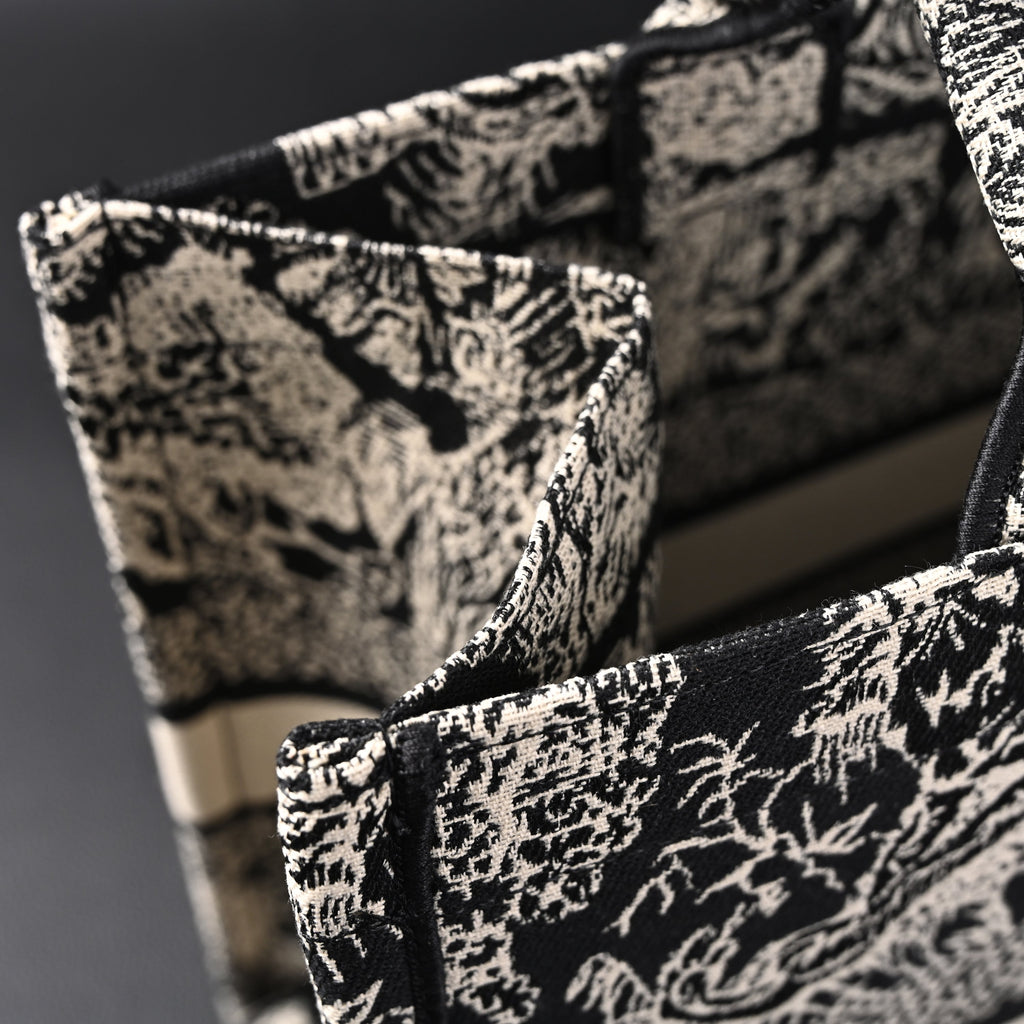 Book Tote Bag  Black Toile de Jouy Embroidery