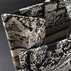 Book Tote Bag  Black Toile de Jouy Embroidery