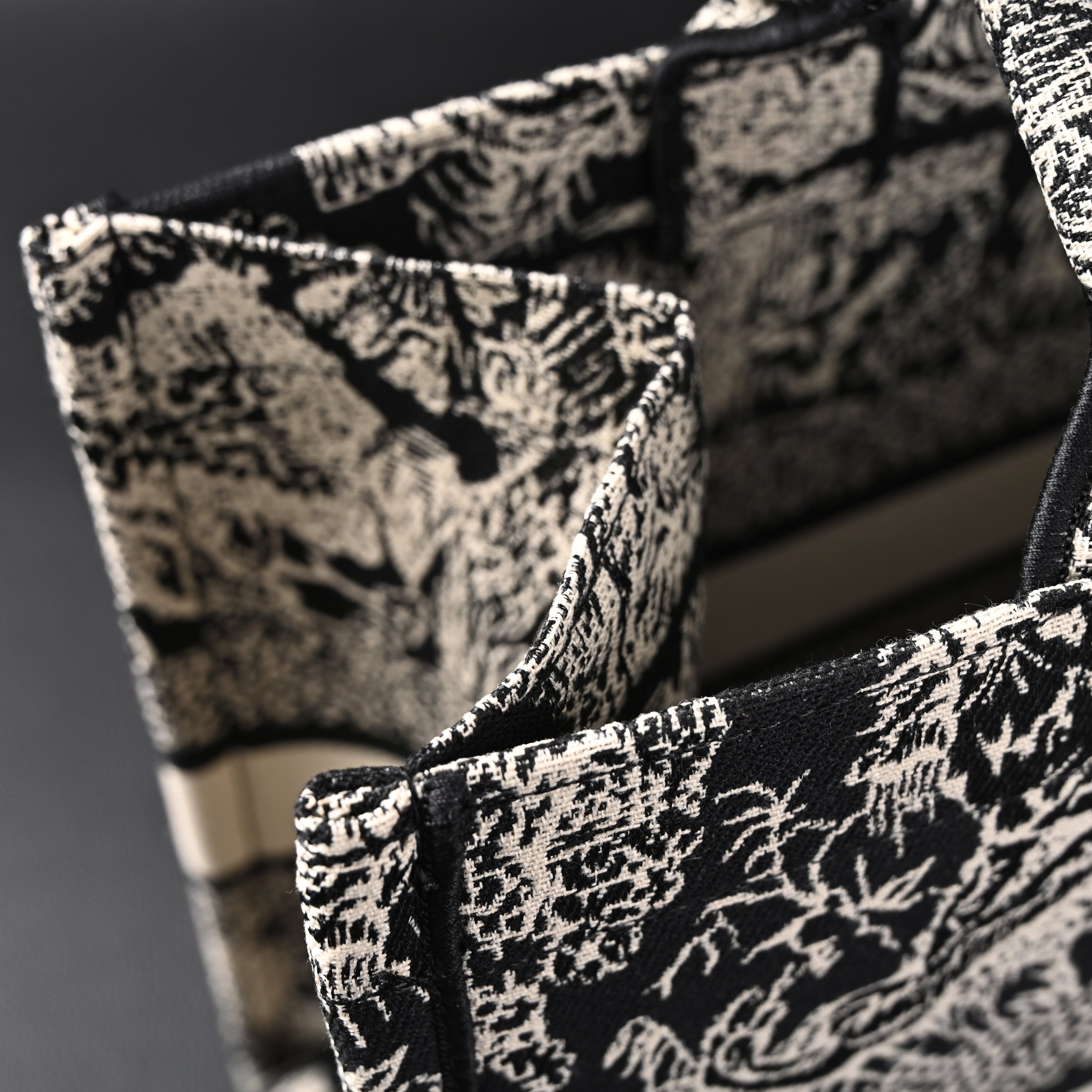 Book Tote Bag  Black Toile de Jouy Embroidery