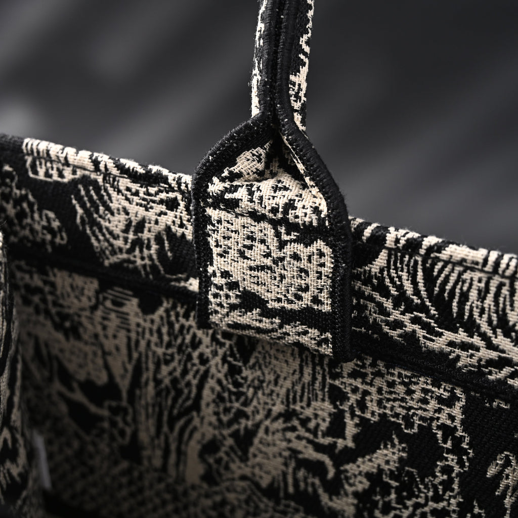 Book Tote Bag  Black Toile de Jouy Embroidery