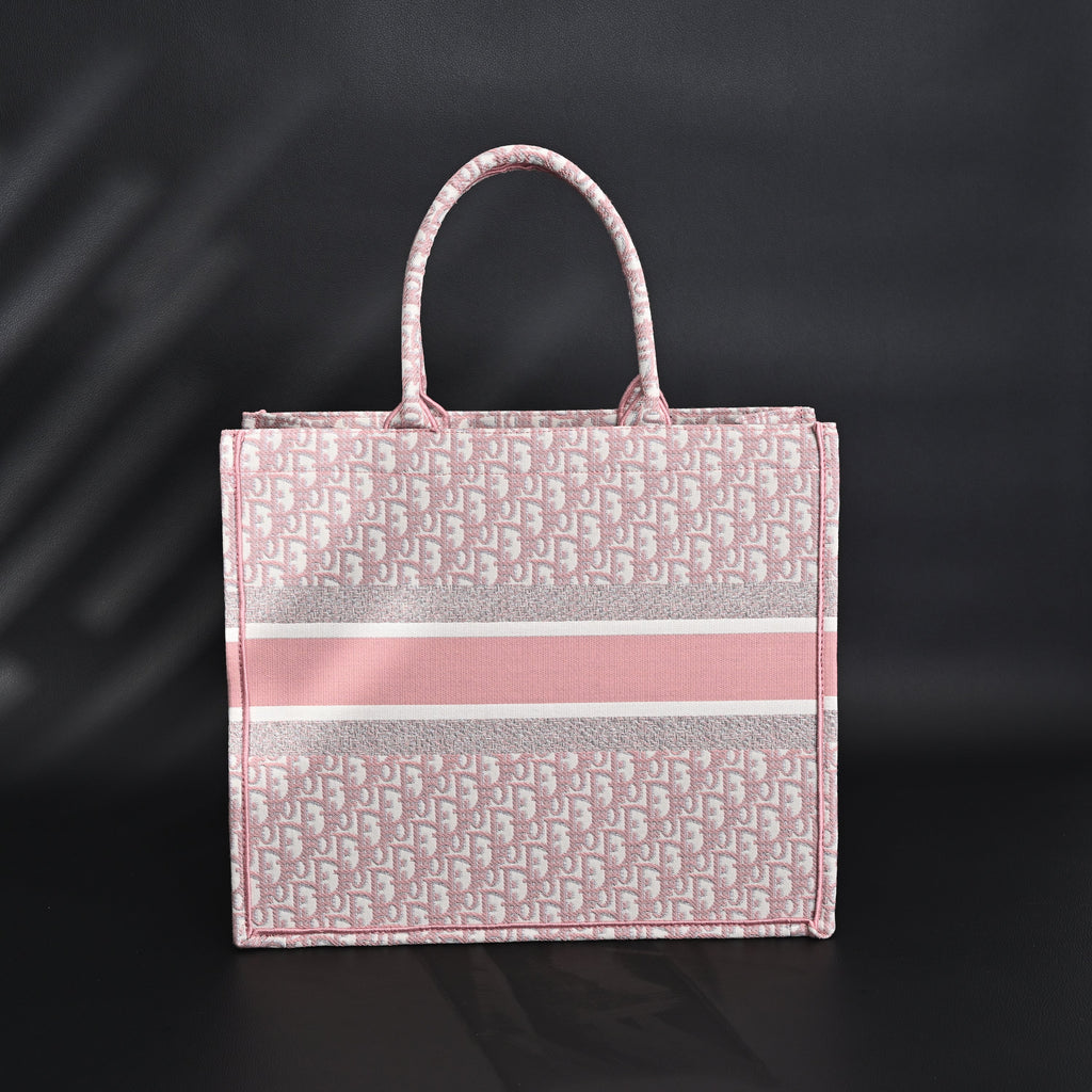 Book Tote Oblique Embroidered Canvas Bag  Large Pink