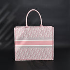 Book Tote Oblique Embroidered Canvas Bag  Large Pink