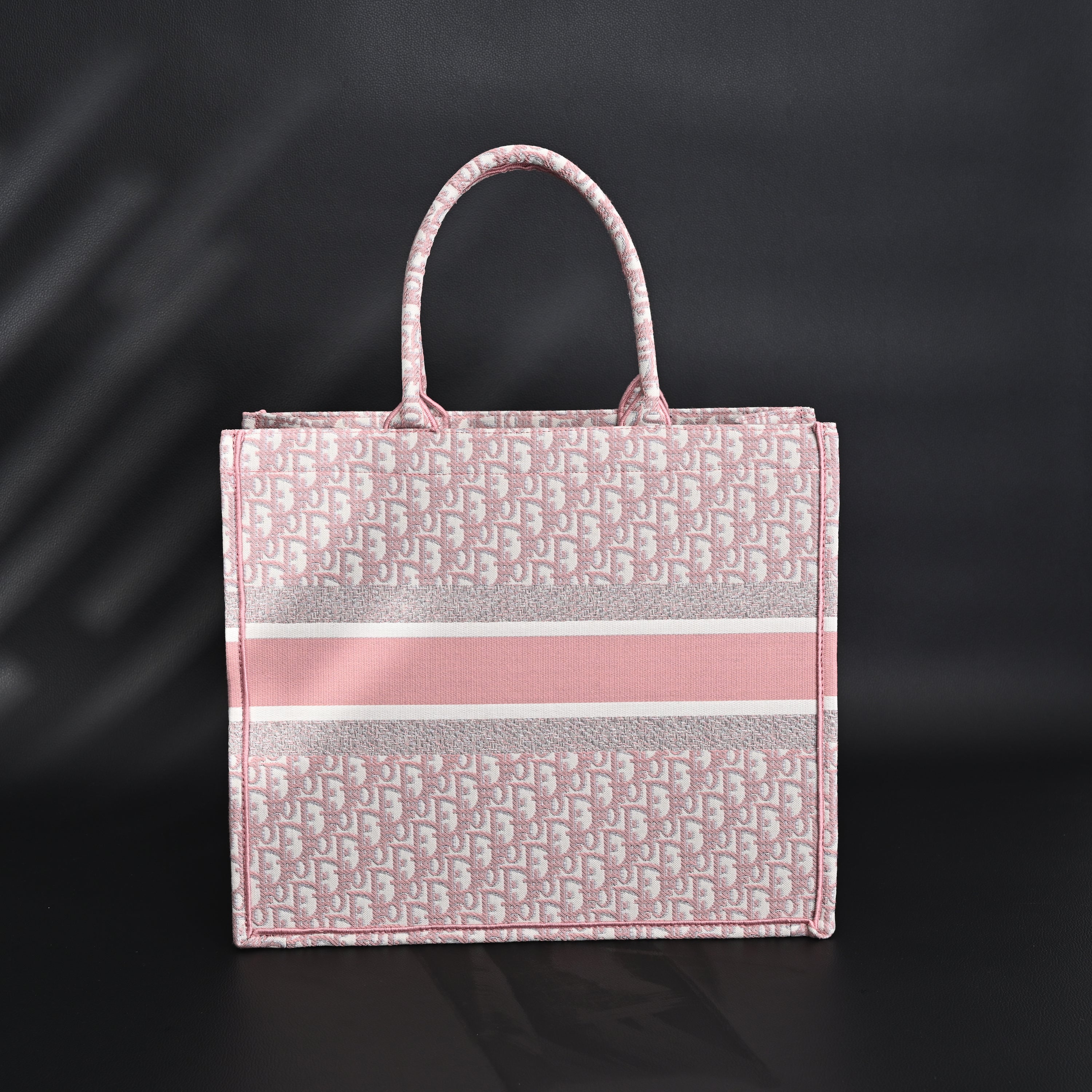 Book Tote Oblique Embroidered Canvas Bag  Large Pink