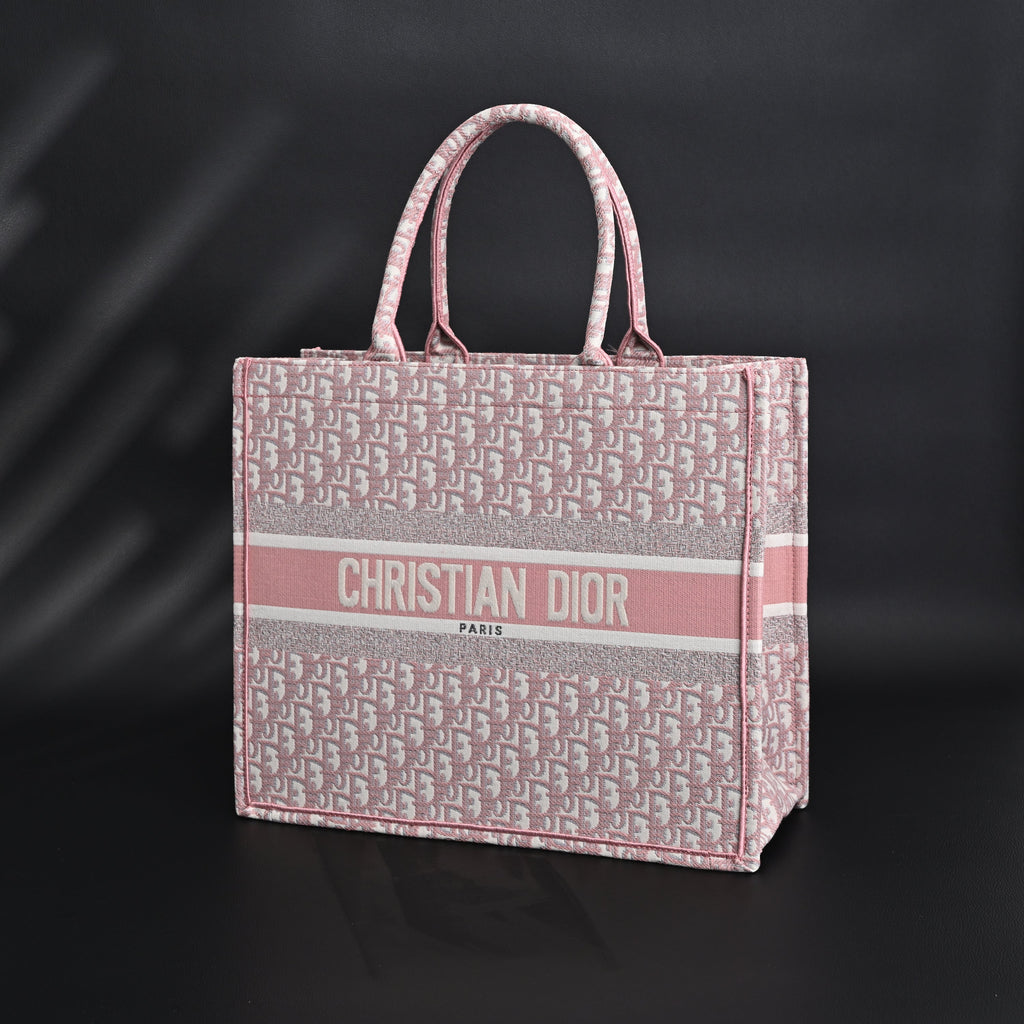 Book Tote Oblique Embroidered Canvas Bag  Large Pink