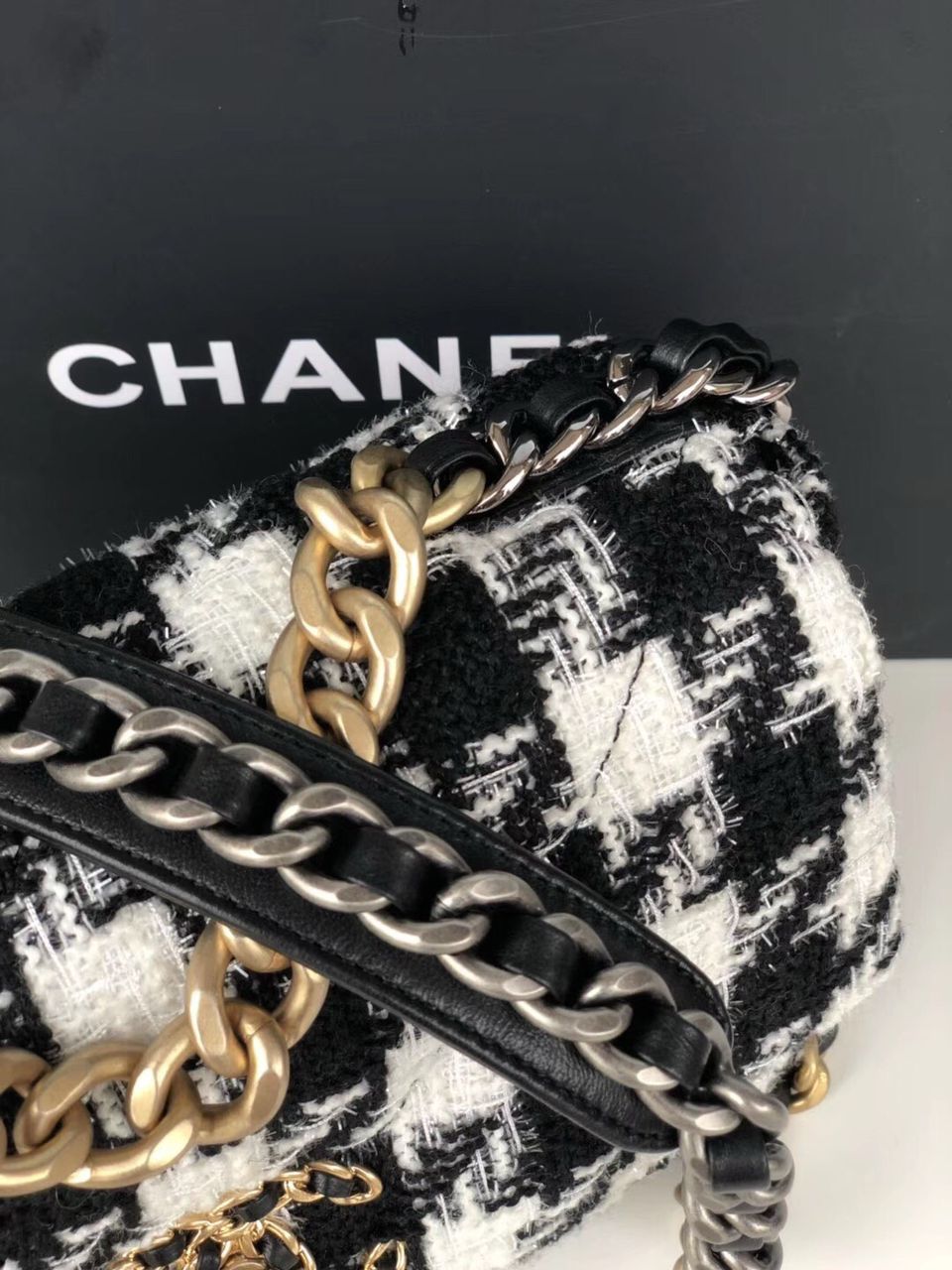 19 Black and white wool tweed small Flap Bag