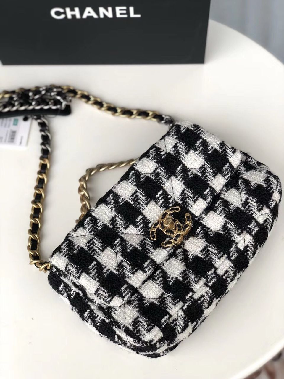 19 Black and white wool tweed small Flap Bag