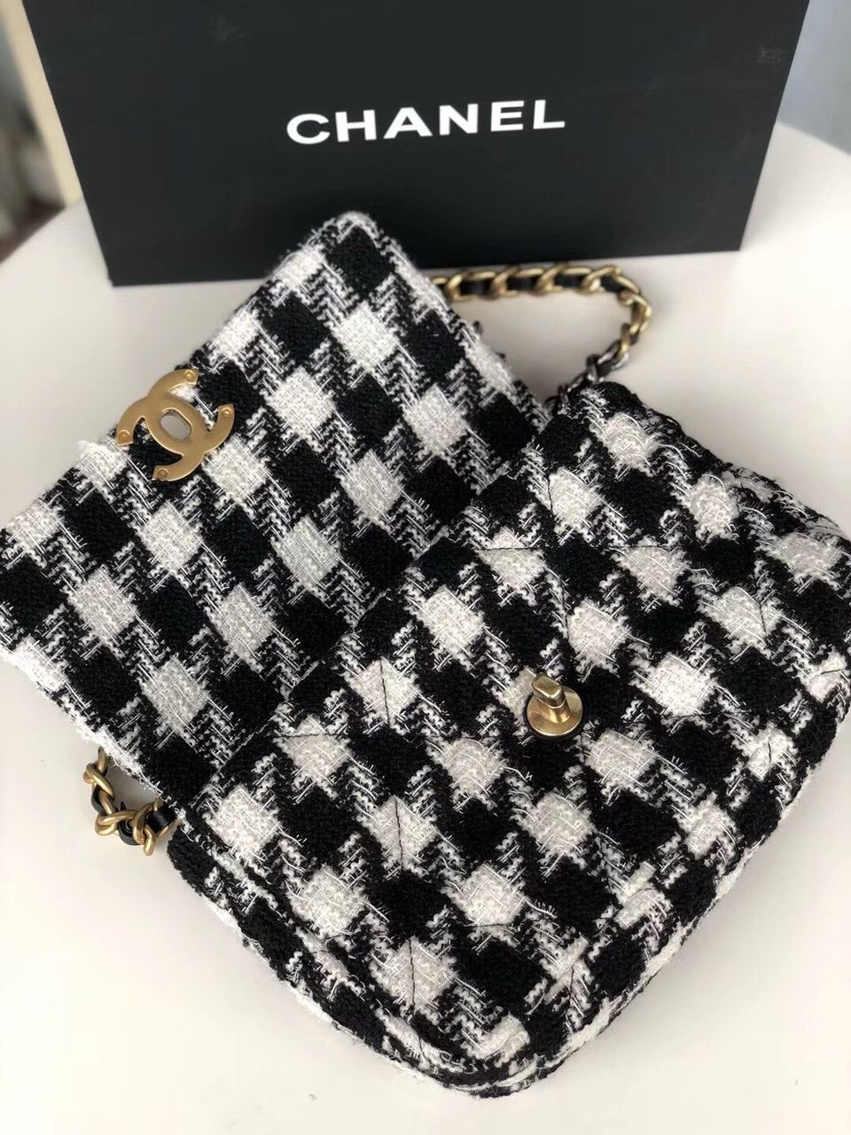 19 Black and white wool tweed small Flap Bag