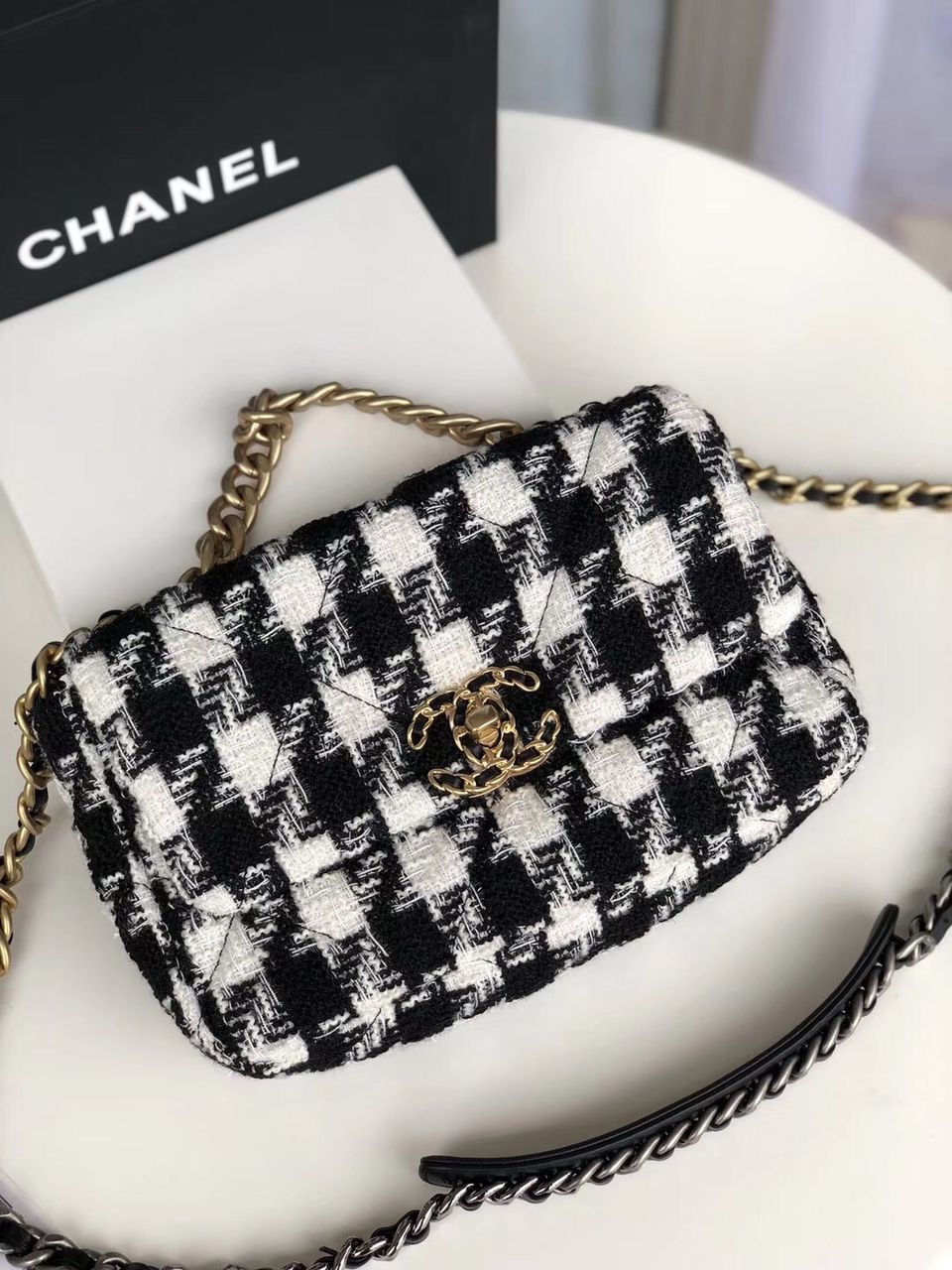 19 Black and white wool tweed small Flap Bag