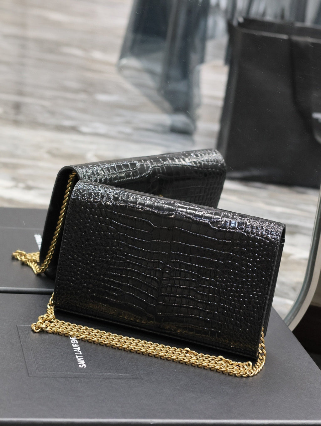 Kate Croc Embossed BLack Gold Hardware - 23x14x3cm