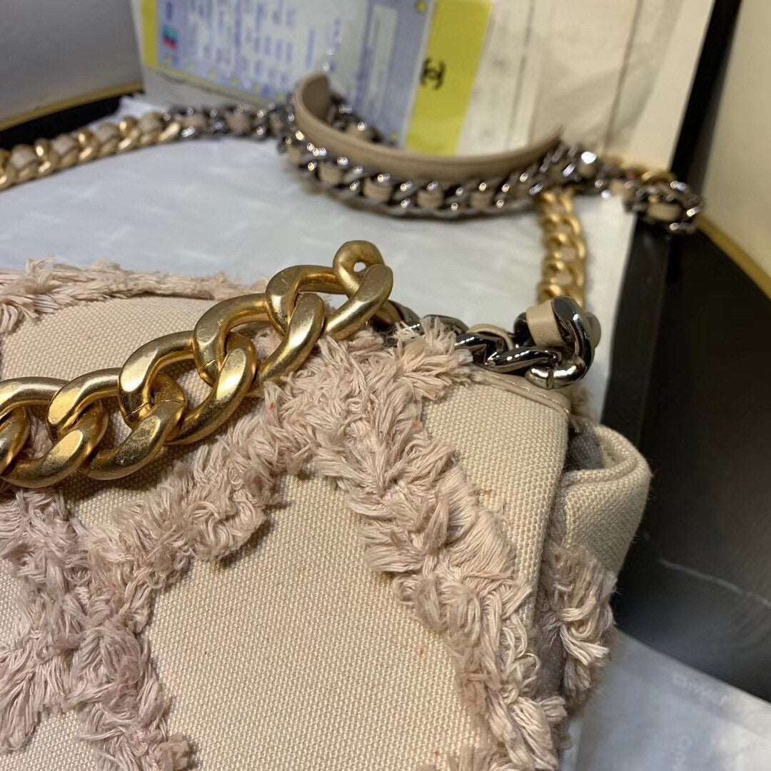 19 Medium Denim Flap Bag Beige
