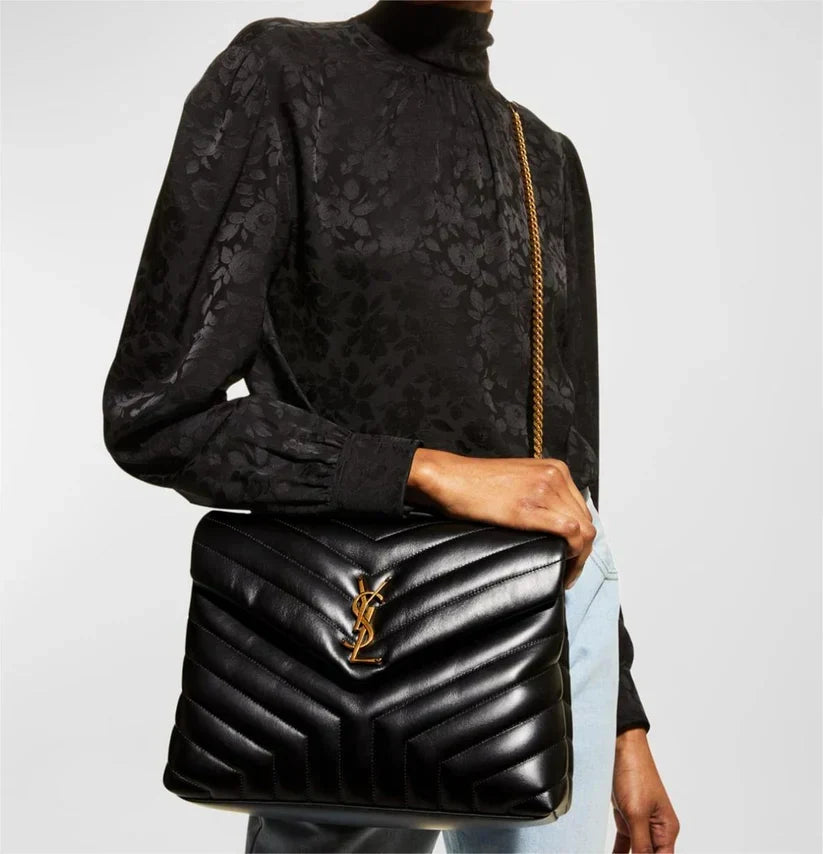 Medium 32 Loulou Bag Black in Gold 32x22x11cm
