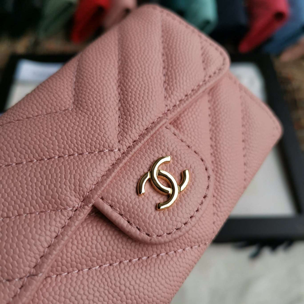 Caviar Chevron Quilted Compact Flap Wallet Pink