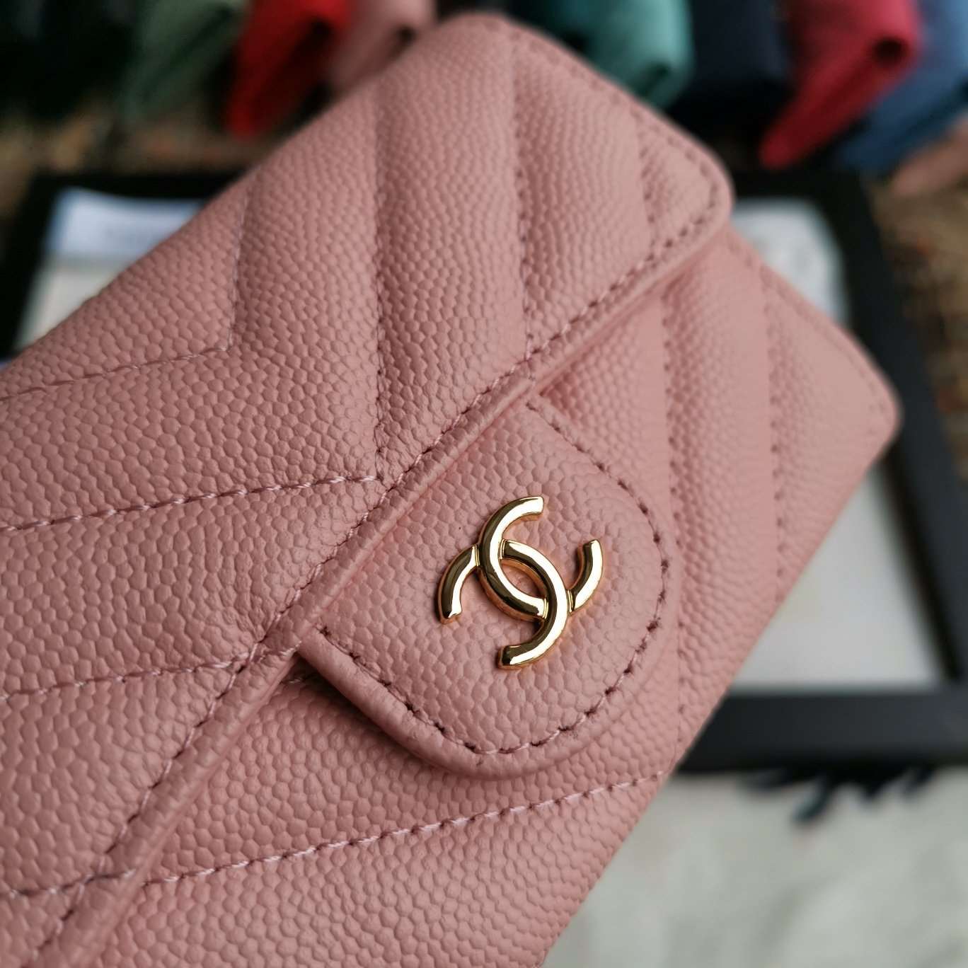 Caviar Chevron Quilted Compact Flap Wallet Pink