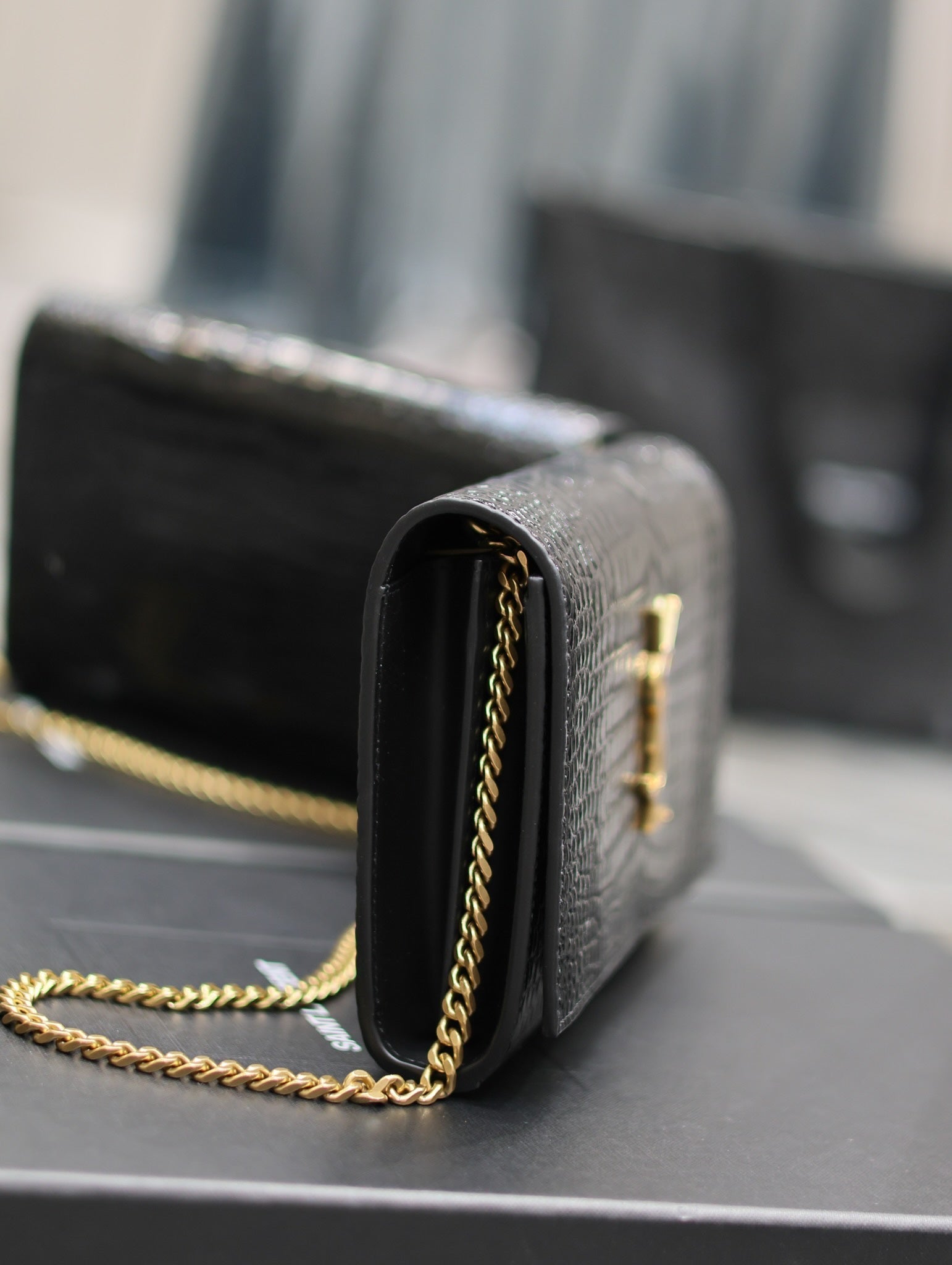 Kate Croc Embossed BLack Gold Hardware - 23x14x3cm