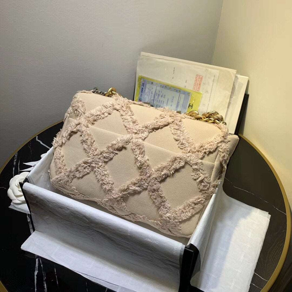 19 Medium Denim Flap Bag Beige