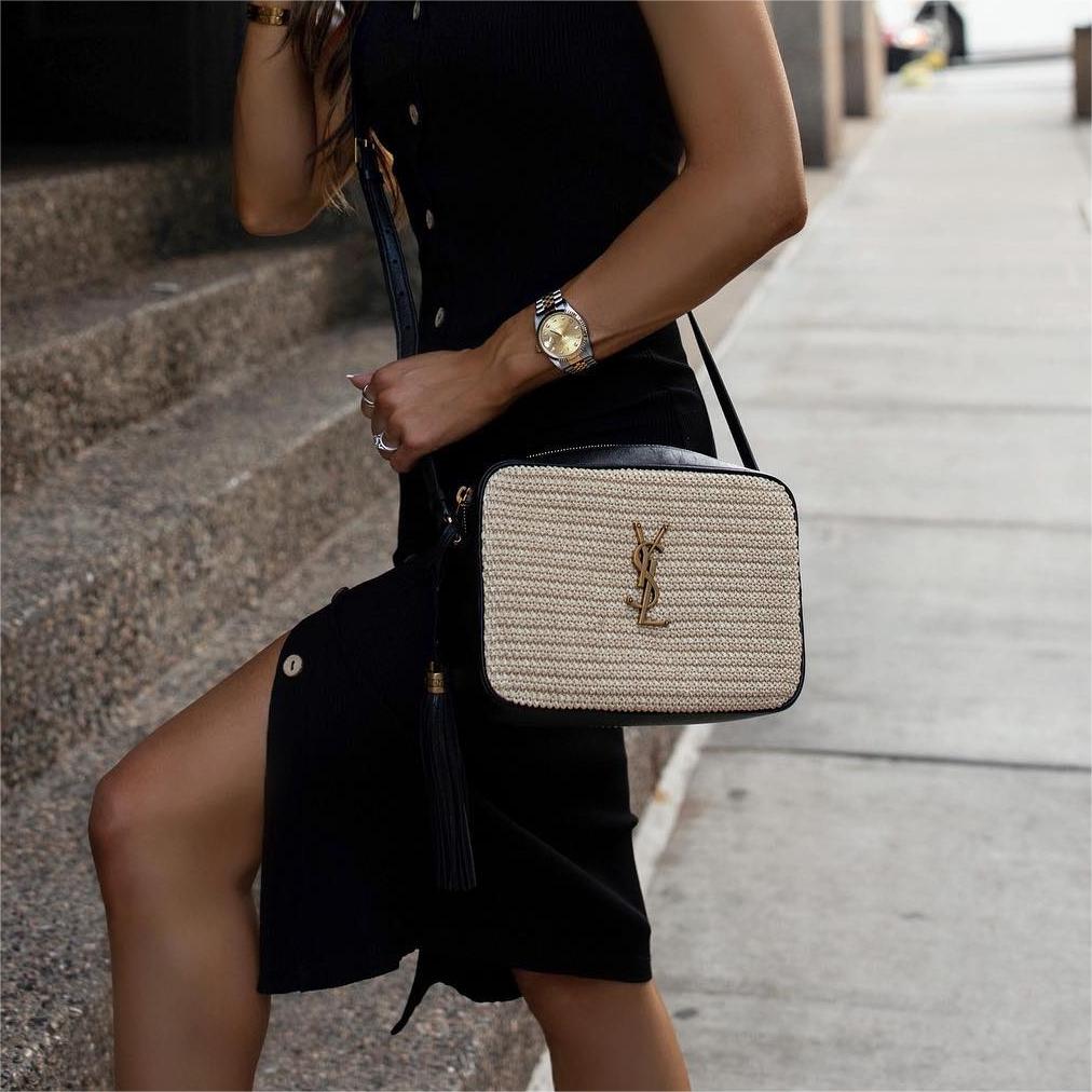 Saint Laurent Lou Medium Monogram Raffia Camera Bag