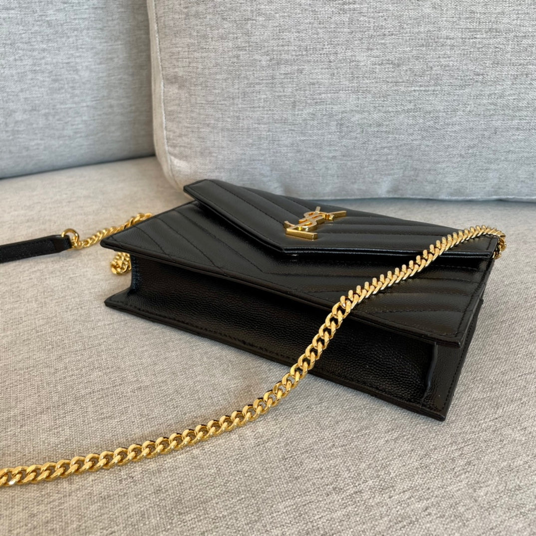 Cassandre Envelope Chain Wallet Black Grain Leather Golden Hardware 19 cm