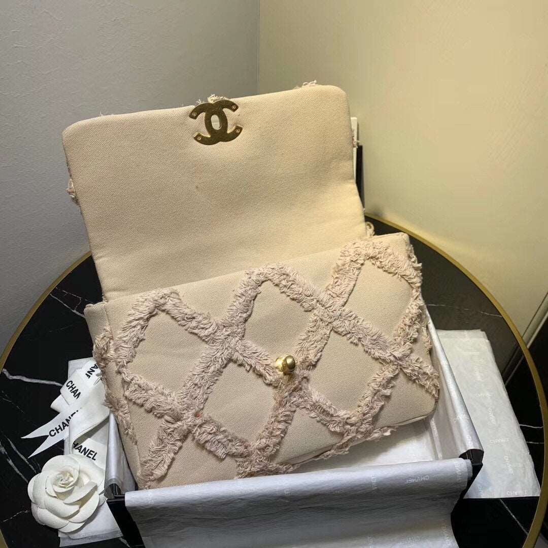 19 Medium Denim Flap Bag Beige