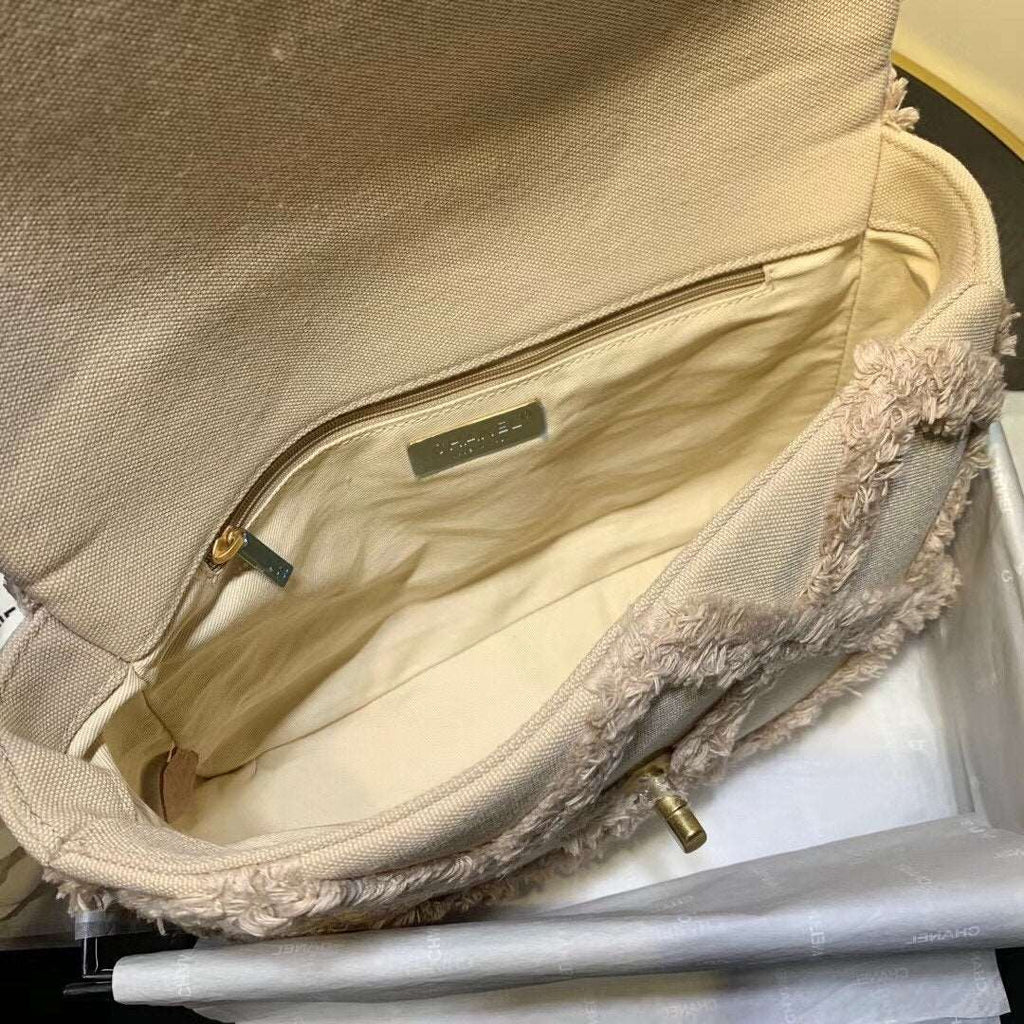 19 Medium Denim Flap Bag Beige