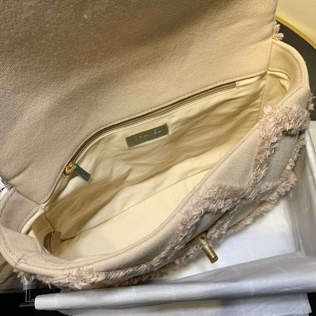 19 Medium Denim Flap Bag Beige